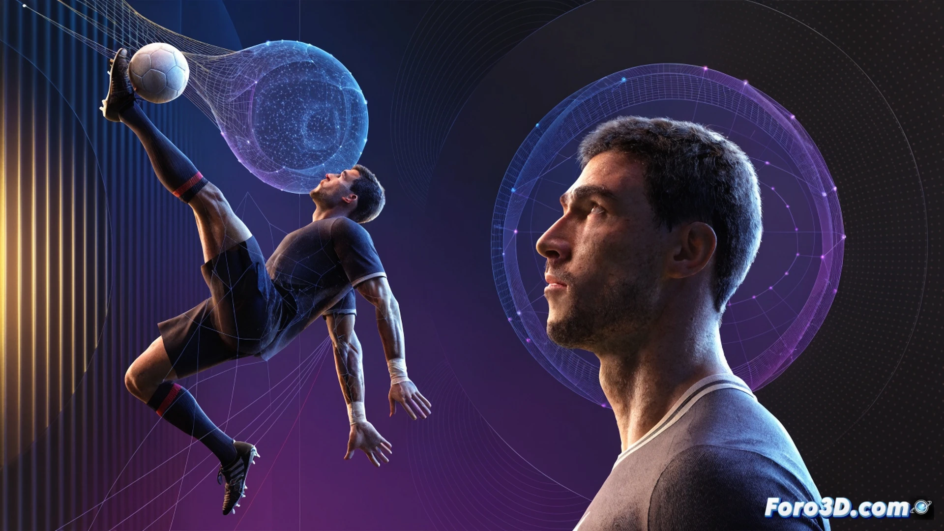 photorealistic technical illustration of Tim Cahill mid-air heading a soccer ball, 3D biomechanical wireframe overlay showing skeletal alignment and muscle activation, motion trajectory lines tracing his leap from a crossing pass, green synthetic pitch with blurred stadium background, dynamic action pose with neck and torso torque, glowing blue and orange data points on joints, cinematic sports engineering visualization, dramatic side lighting, high detail on facial expression and ball deformation, ultra-sharp depth of field