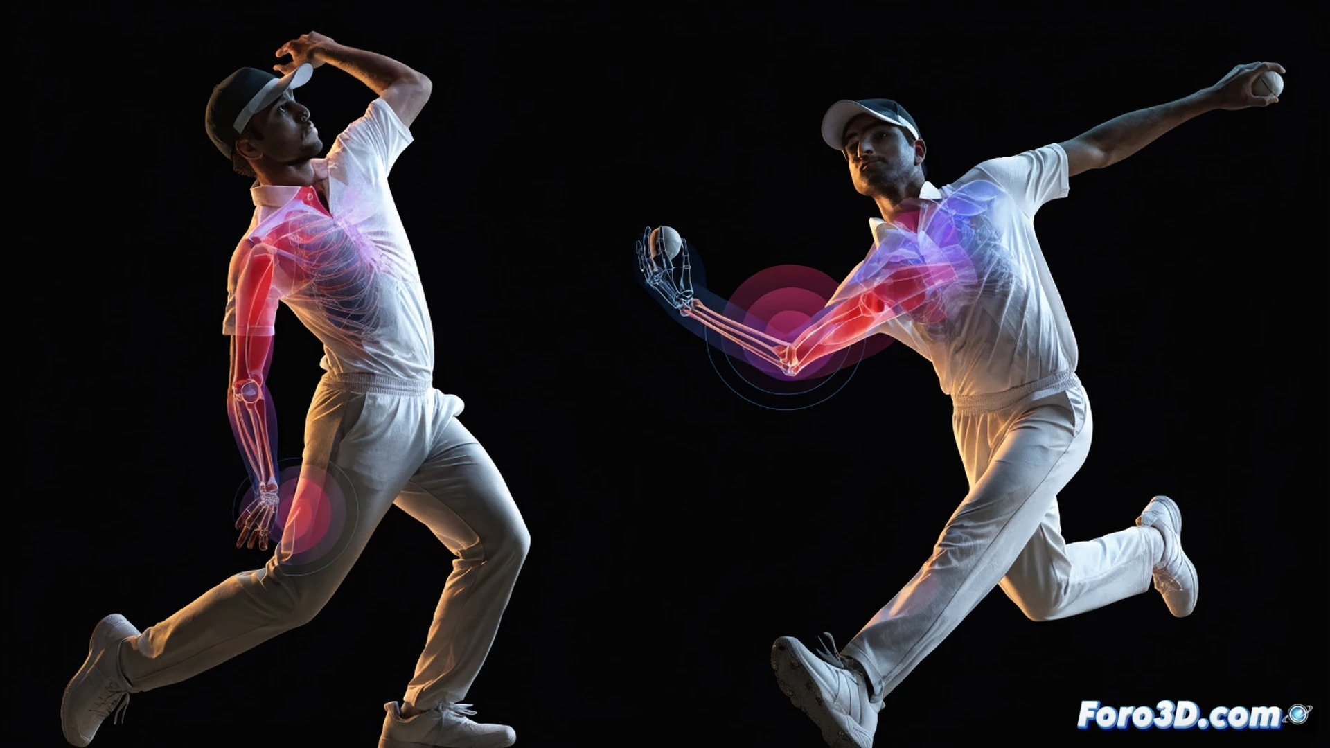 batsman Towhid Hridoy mid-swing, 3D biomechanical analysis overlay showing joint angles in shoulder, elbow, and wrist during bat impact, cricket ball approaching bat edge, skeletal wireframe and muscle activation maps visible, motion capture markers on body, green field background with stadium blur, cinematic engineering visualization, photorealistic technical illustration, dramatic side lighting, depth of field, ultra-detailed skin texture and bat grain