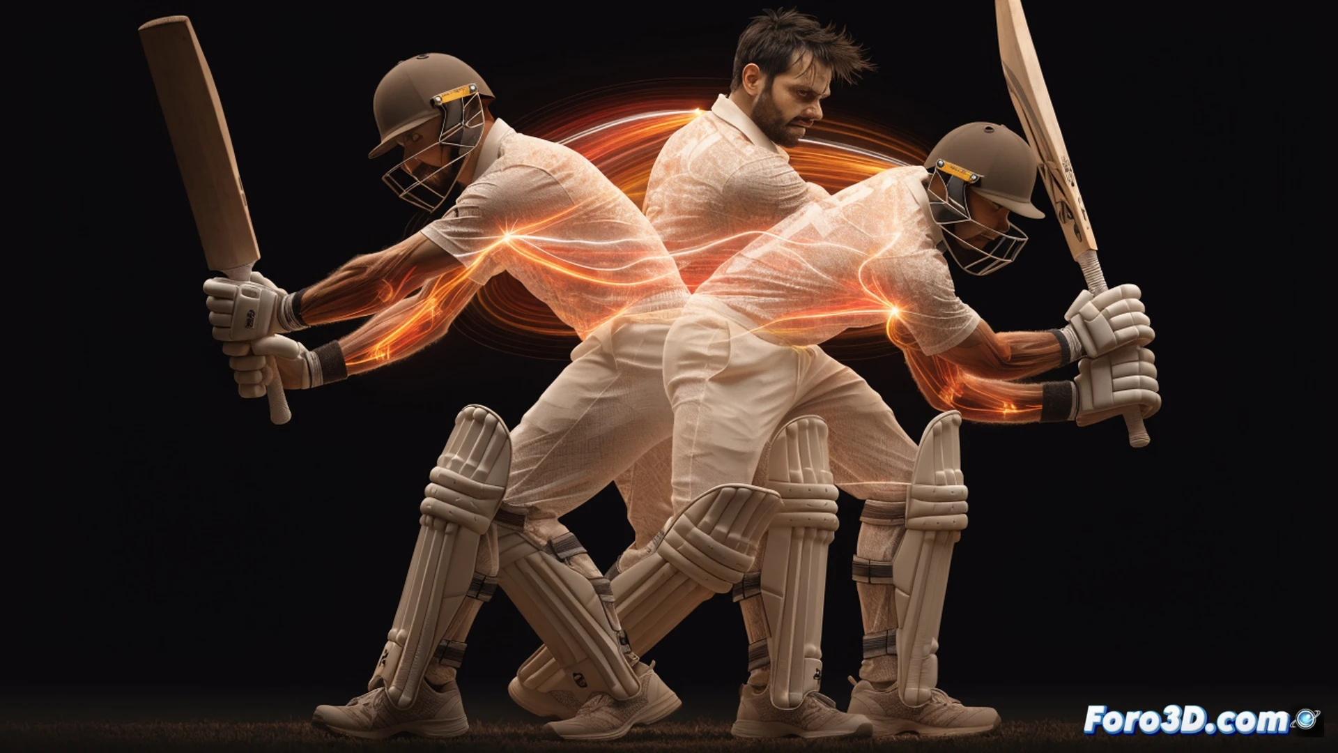 professional 3D biomechanical analysis of Virat Kohli batting in cricket, skeleton wireframe overlay showing hip rotation and shoulder alignment during a cover drive, motion lines tracing footwork patterns on crease, spatial trajectory mapping of bat swing path, glowing joint markers on knees and elbows, kinetic chain visualization with arrows showing energy transfer from back foot to bat, dark studio background, technical illustration style with blue and orange heatmap gradients, ultra-detailed muscle tension zones, photorealistic render with engineering precision, cinematic lighting on batsman silhouette