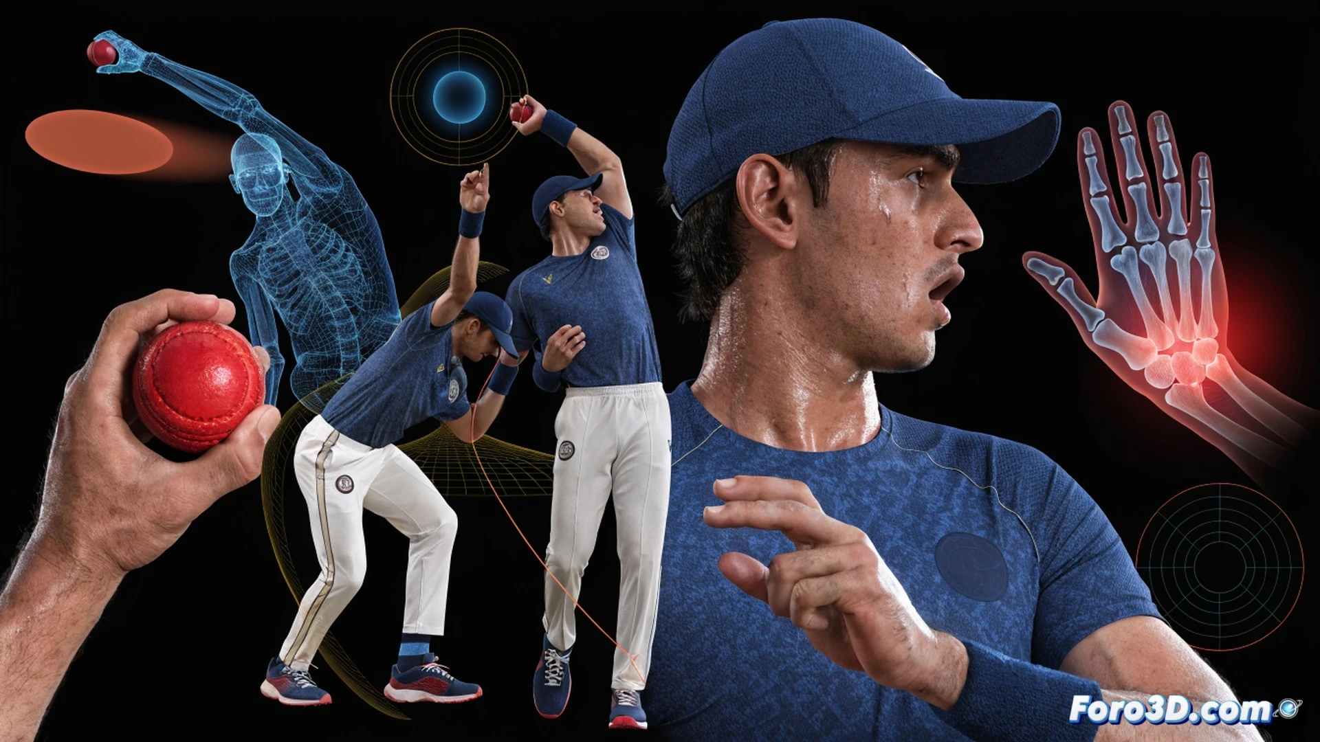biomechanical 3D analysis of a cricket fast bowler in delivery stride, wrist angle shown with transparent skeletal overlay, release point highlighted by glowing red trajectory line, yorker length ball at 145 km/h with motion trail, bouncer seam position visible with late swing path, wireframe muscle structure during shoulder rotation, technical engineering visualization, dark studio background with blue grid floor, spotlight on bowler's hand and ball, photorealistic render with aerodynamic particle traces