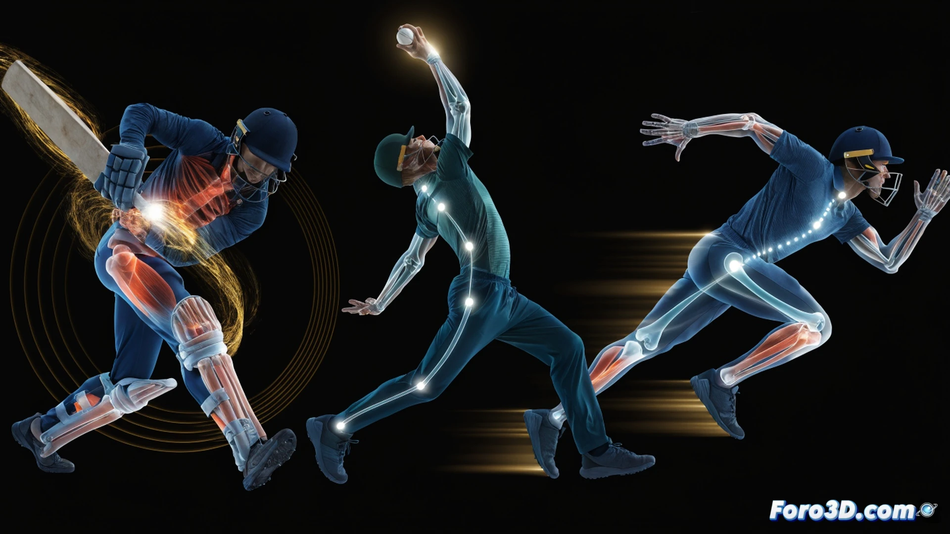 biomechanical analysis of Andre Russell in cricket action sequence, torso torque during batting swing showing muscle fiber striations and joint rotation angles, fast bowling delivery with shoulder rotation and hip drive acceleration, sprinting phase with leg muscle activation and ground reaction forces, technical engineering illustration style, split-screen 3D motion capture view, glowing skeletal overlay with angular measurements, dynamic pose mid-swing, photorealistic skin texture, stadium floodlighting, mud-splattered cricket whites, high-speed motion blur on bat and ball, detailed muscular anatomy visible through translucent skin, cinematic sports science visualization