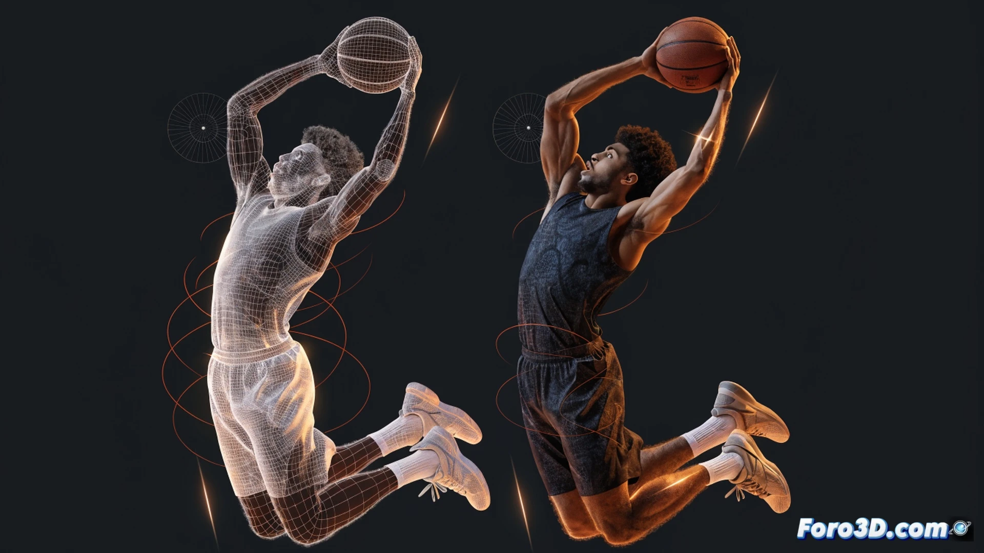 Jalen Green en pleno salto vertical, músculos tensos durante un mate explosivo, líneas de trayectoria 3D azules y rojas mostrando la mecánica de su impulso, un brazo extendido con rotación de muñeca analizada por vectores de fuerza, fondo oscuro con cuadrícula de movimiento y gráficos de biomecánica superpuestos, un monitor de computadora con software de análisis de rendimiento deportivo mostrando datos cinéticos, estilo cinematográfico técnico, iluminación dramática desde abajo, render fotorrealista con sombras nítidas