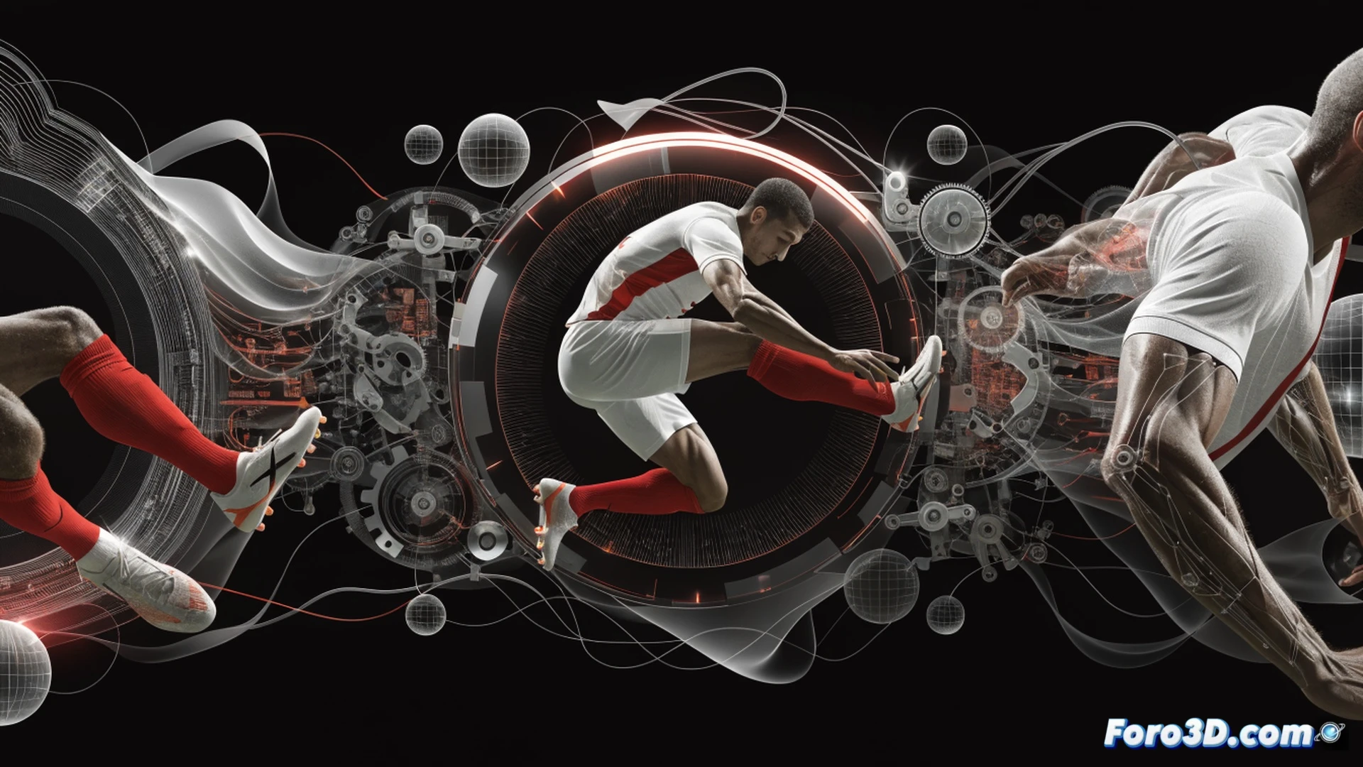 Cricket biomechanics analysis scene, Aamer Jamal mid-delivery stride with torso twisted at extreme angle, left arm high while right arm whips ball down with unusual wrist snap, motion capture markers glowing on joints, translucent 3D skeleton overlay showing spinal rotation and shoulder torque, red trajectory lines tracing ball path with late swing deviation, blue force vectors from back foot push-off, stadium background blurred, dramatic low-angle spotlight, cinematic photorealistic technical visualization, ultra-detailed muscle tension visible through jersey, sweat droplets frozen in air