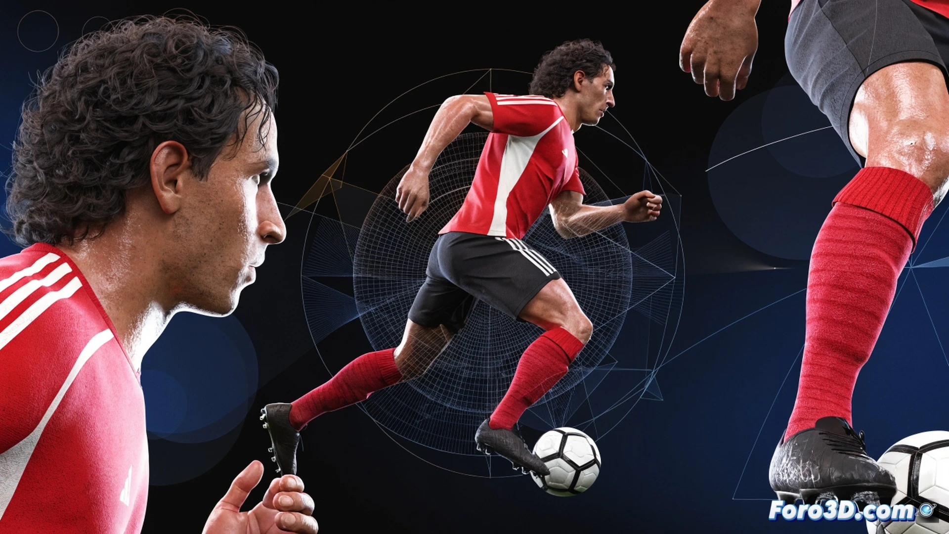Análisis biomecánico 3D de un futbolista en plena acción, torso girado protegiendo el balón con el brazo extendido, pierna de apoyo flexionada mientras la otra realiza un regate eléctrico, líneas de movimiento dinámicas y vectores de fuerza resaltados en neón azul sobre el muslo y tobillo, cuadrícula wireframe envolviendo el cuerpo del jugador, fondo oscuro con paneles de datos holográficos y sensores de captura de movimiento, estilo cinematic technical illustration, iluminación dramática desde abajo, textura de piel y tela hiperrealista, desenfoque de movimiento en la pierna libre.
