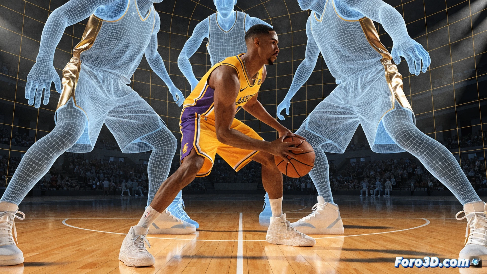 Basketball player performing a three-point shot release, with translucent 3D wireframe overlay showing joint angles and biomechanical pathways, glowing trajectory lines from the ball to the hoop, defensive player lunging in slow motion, court floor with motion tracking markers, holographic data panels floating around the athlete, dark gymnasium background with blue accent lighting, cinematic engineering visualization, photorealistic technical render, dynamic action pose, precise muscle tension visible through jersey, ultra-detailed sneaker grip on polished wood