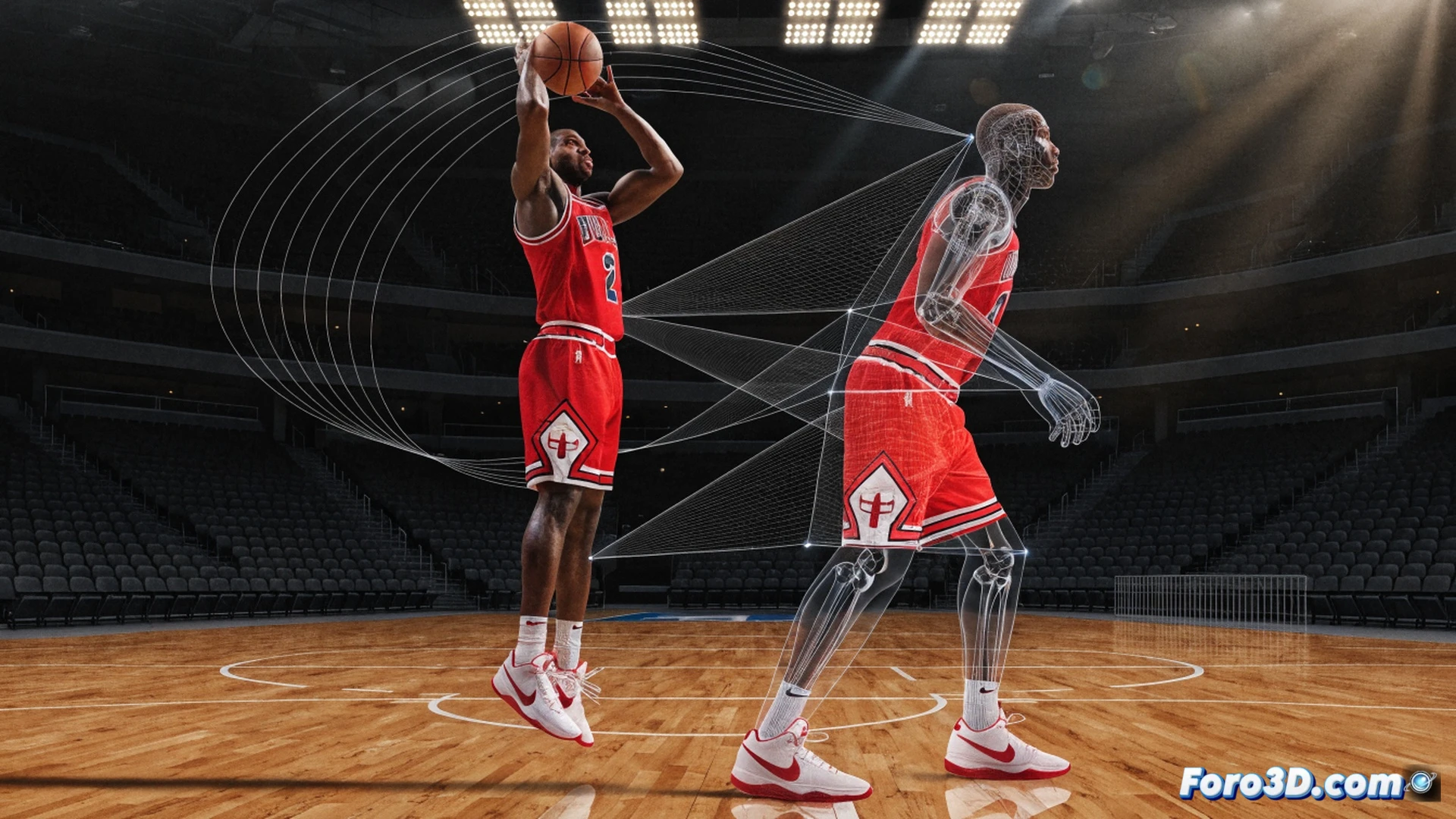 basketball player Bobby Portis in mid-range jump shot form, 3D wireframe overlay tracking his shooting arc and release point, pick-and-pop action with a defender approaching, floor spacing and footwork highlighted with motion lines, technical biomechanics visualization, translucent skeletal structure showing hip and shoulder rotation, glowing trajectory path from hand to hoop, photorealistic basketball court under arena lights, cinematic sports analysis render, detailed muscle tension and joint angles visible