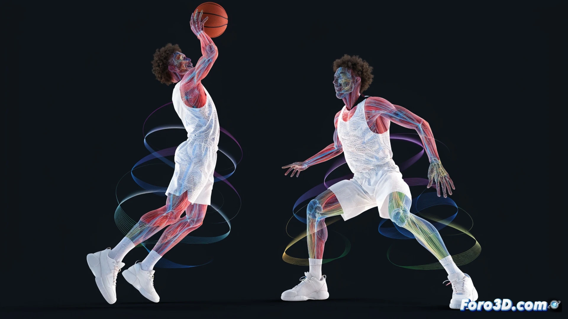 Grayson Allen en pose defensiva, biomecánica 3D mostrando desplazamiento lateral explosivo, líneas de fuerza esqueléticas y musculares superpuestas en su torso y piernas, marcadores de trayectoria articular en cadera y tobillo, renderizado técnico fotorealista con iluminación de estudio, fondo oscuro con cuadrícula de medición, flechas vectoriales naranjas indicando cambio de dirección, sudor y tensión muscular visibles, captura de alta velocidad congelada en el instante del frenado, estilo ilustración de ingeniería deportiva