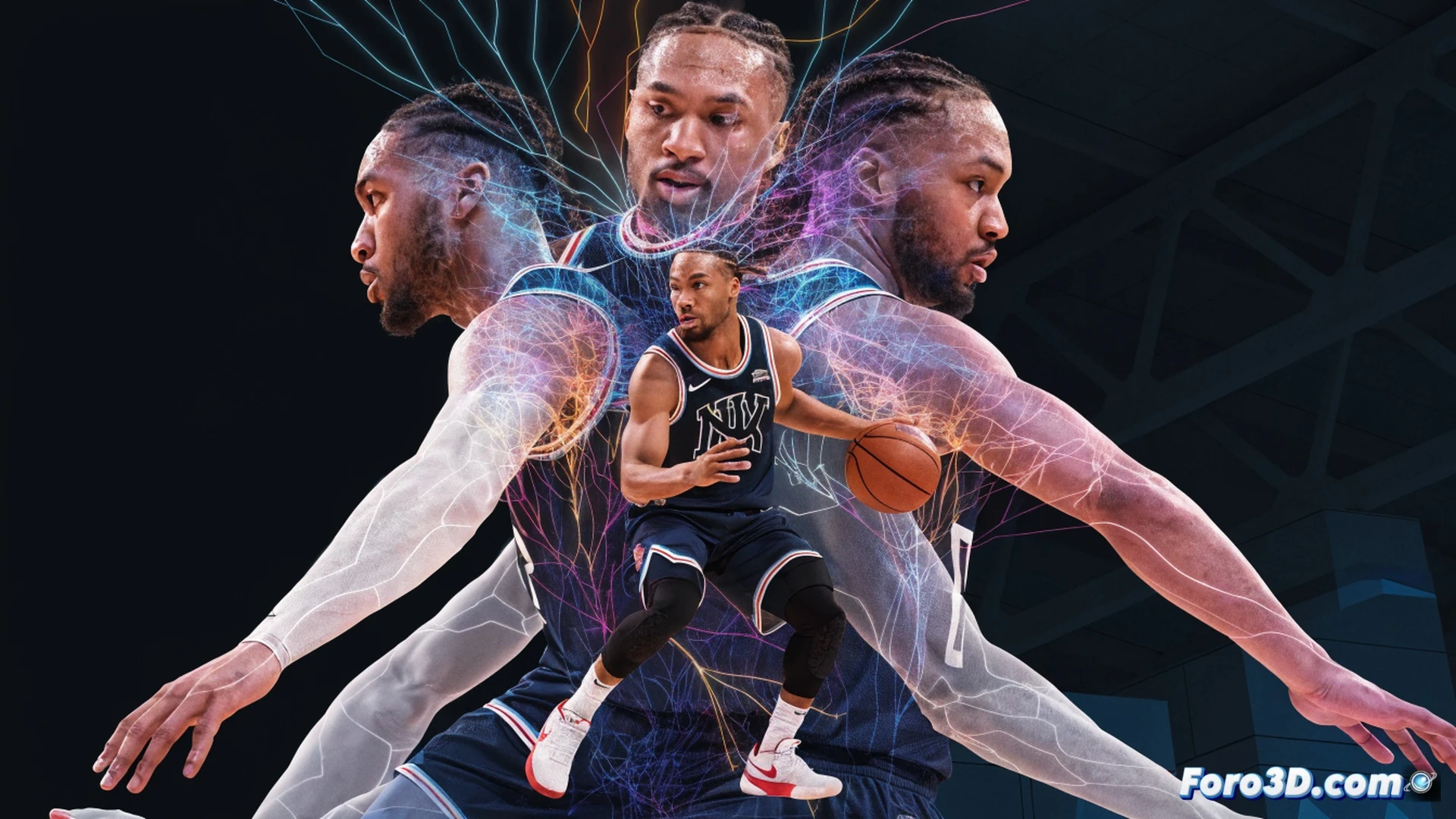 Jalen Brunson dribbling past a defender in a crowded paint, 3D motion-capture overlay showing his hip swivel and sudden deceleration, glowing trajectory lines tracing his path through four defenders, basketball spinning with visible seam rotation, hardwood floor with tactical zone markers, photorealistic technical illustration, volumetric arena lighting, sweat droplets frozen mid-air, biomechanical joint angles highlighted in neon blue, ultra-detailed jersey fabric physics, cinematic sports science visualization