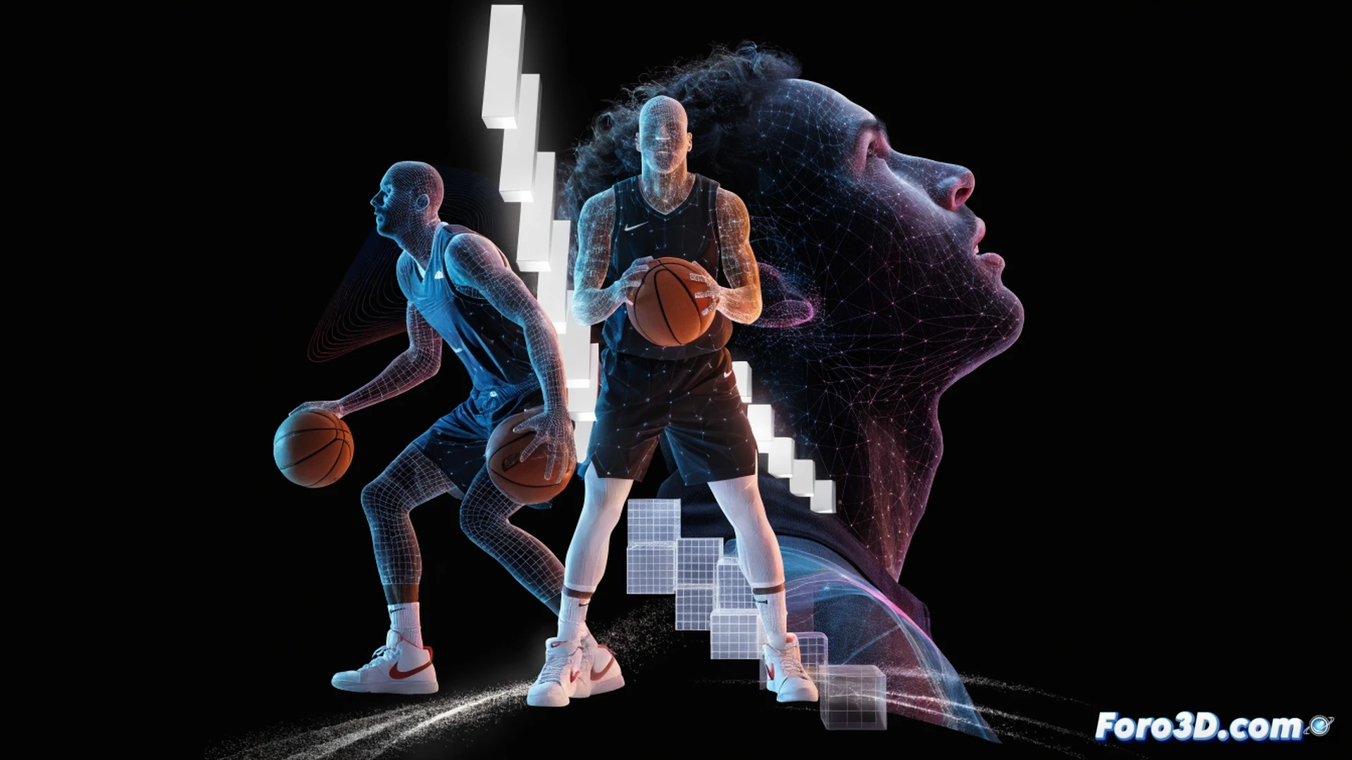 Three-dimensional holographic basketball court analysis, Jordan Clarkson mid-crossover dribble, glowing motion trails tracing his footwork and ball handling path, translucent wireframe body showing joint angles and muscle activation, defensive player partially transparent with pressure indicators, basketball leaving his hand with spin visualization, court floor displaying heat map of movement zones, cyberpunk sports science lab lighting, neon blue and orange accents, photorealistic technical illustration, volumetric fog around player, high-speed action frozen in time, detailed muscle and skeletal overlay, Recraft engineering visualization style