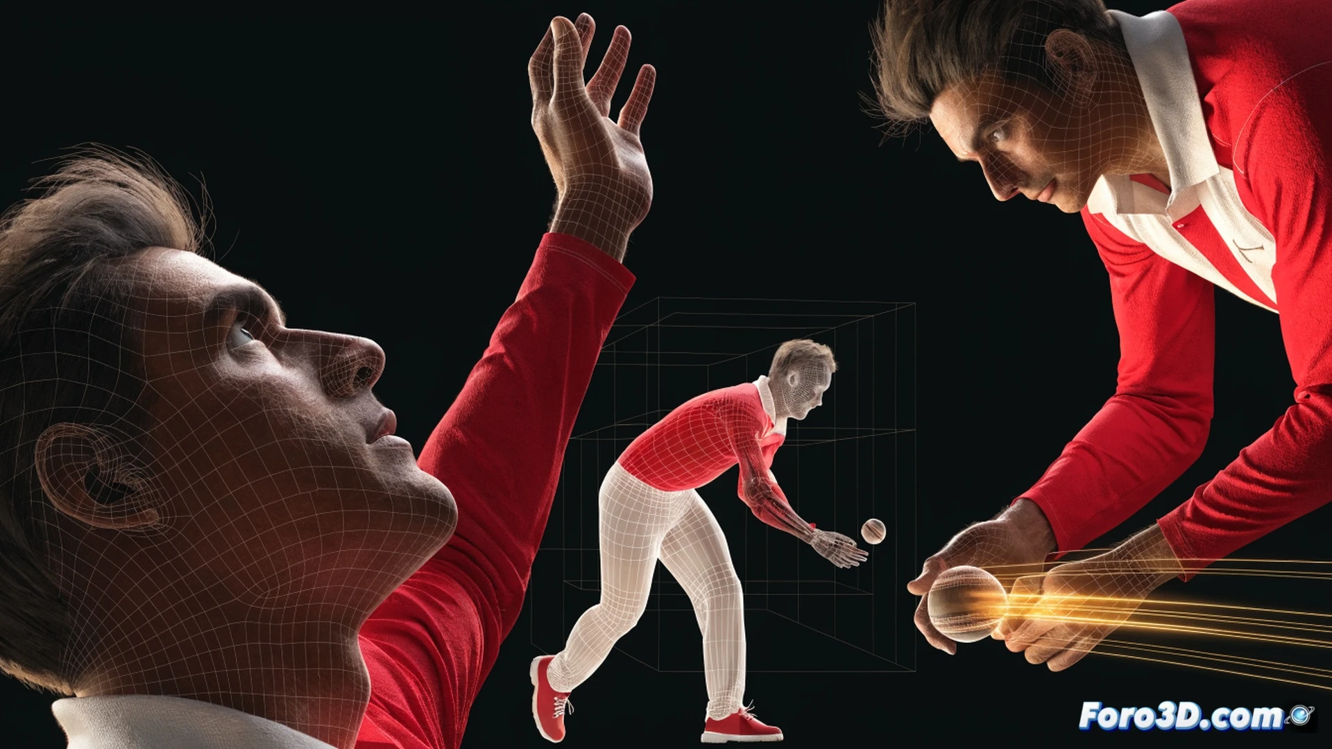 tres modelos wireframe 3D de un jugador de cricket superpuestos en posturas secuenciales mostrando la biomecánica de un lanzamiento, líneas rojas de rotación del torso y ángulos de brazo marcados con vectores amarillos, fondo con rejilla de referencia técnica, software CAD abierto en monitor secundario mostrando análisis cinemático, estilo technical illustration fotorrealista, iluminación de estudio neutra, textura metálica en herramientas de medición virtuales, sombras nítidas que enfatizan la profundidad del modelo tridimensional