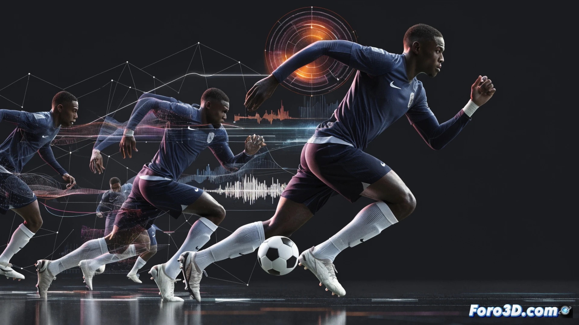 photorealistic technical visualization of Moisés Caicedo in a 3D motion capture lab, dynamic pose mid-stride while sliding to intercept a glowing virtual soccer ball, red and blue trajectory lines tracing his leg movement and torso rotation, translucent skeleton overlay showing muscle activation in quadriceps and core, high-tech scanning cameras and motion sensors surrounding the scene, cinematic blue and orange lighting, volumetric fog, metallic floor reflecting the digital analysis interface, ultra-detailed athletic gear, engineering-style render