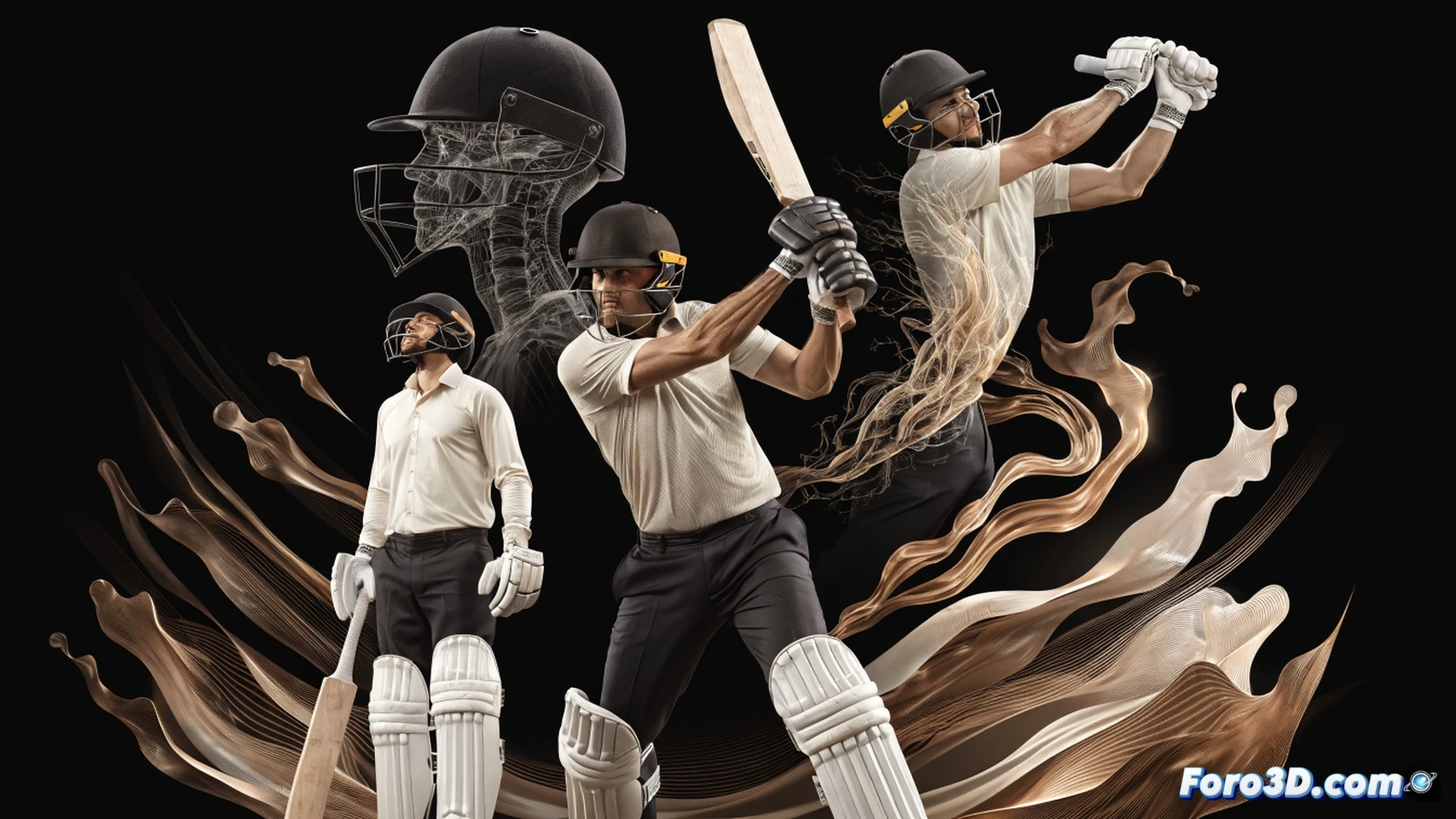 cricket batsman Mushfiqur Rahim mid-swing during a cover drive, 3D motion capture skeleton overlay showing hidden biomechanical angles, bat trajectory lines in neon blue, footwork pressure map on the pitch, holographic data panels floating around the player, simultaneous side and top view projections, cinematic engineering visualization, dark studio background with dramatic rim lighting, ultra-detailed muscle tension in forearms, photorealistic technical render