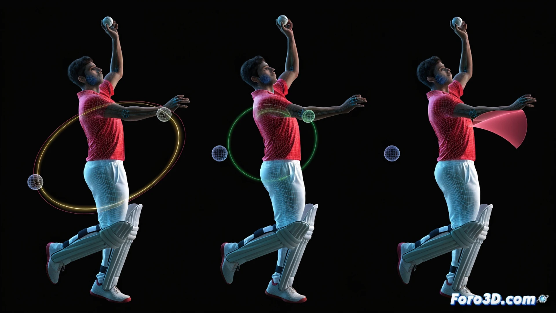 Rachin Ravindra batting in 3D biomechanical analysis, rotating hips during a cover drive, forearm angled precisely while cutting a short ball, torso leaning forward against a spinner, motion capture markers on joints, skeletal wireframe overlay showing torque vectors, cricket bat swing path traced in glowing orange lines, green pitch and stumps visible, holographic data panels floating nearby, cinematic technical illustration, dark studio background with dramatic rim lighting, photorealistic human form blended with engineering visualization, ultra-detailed muscle tension and joint rotation