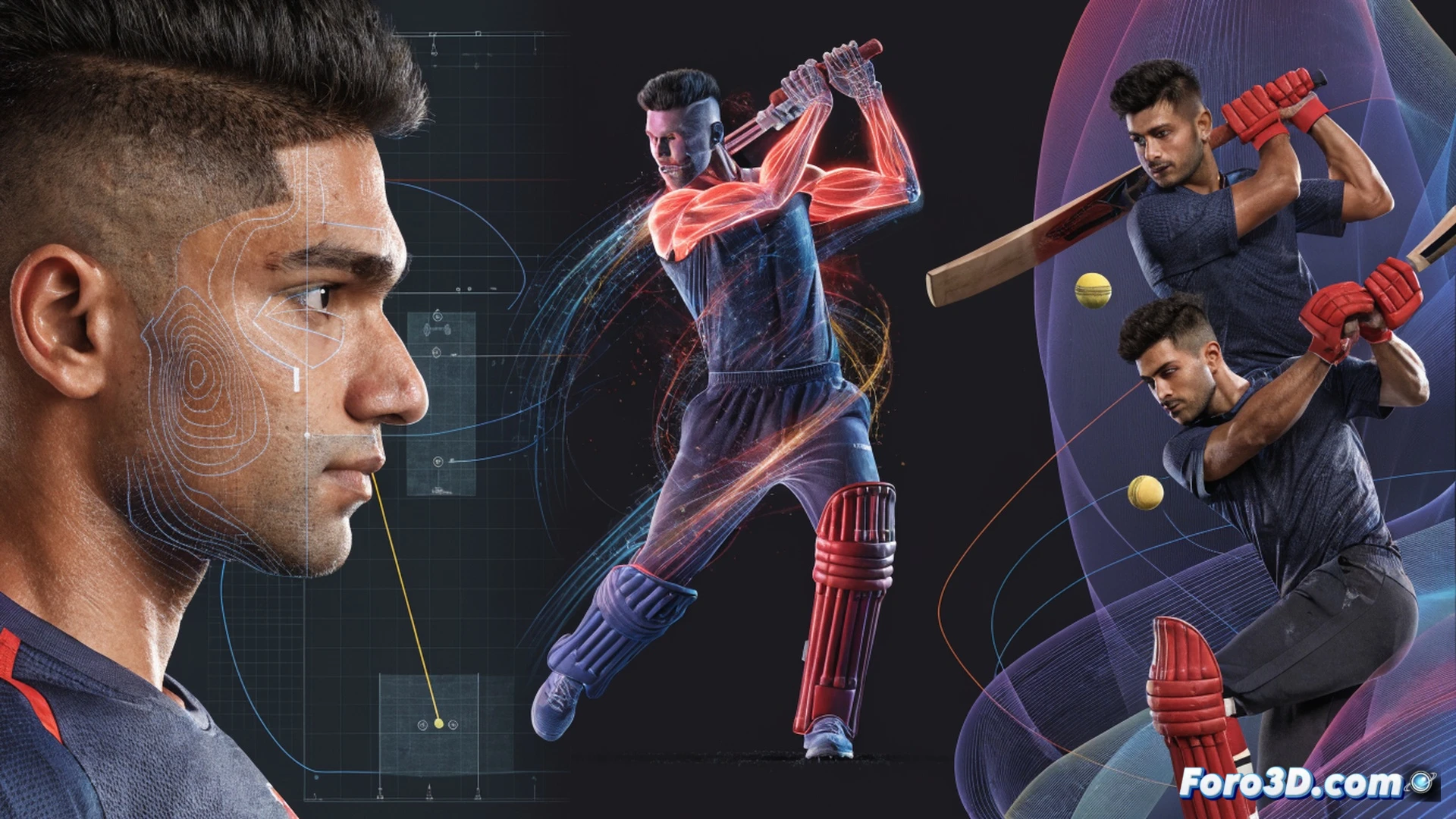 cricket batter Rinku Singh mid-swing executing a late cut shot, biomechanical analysis overlay showing muscle activation in shoulders and hips, 3D motion capture skeleton lines tracking bat trajectory and footwork, technical engineering visualization, stadium floodlights casting dynamic shadows, red leather ball leaving bat with spin axis marked by dashed arc, photorealistic render with translucent anatomical layers, high-speed shutter effect freezing impact moment, depth of field blurring background crowd