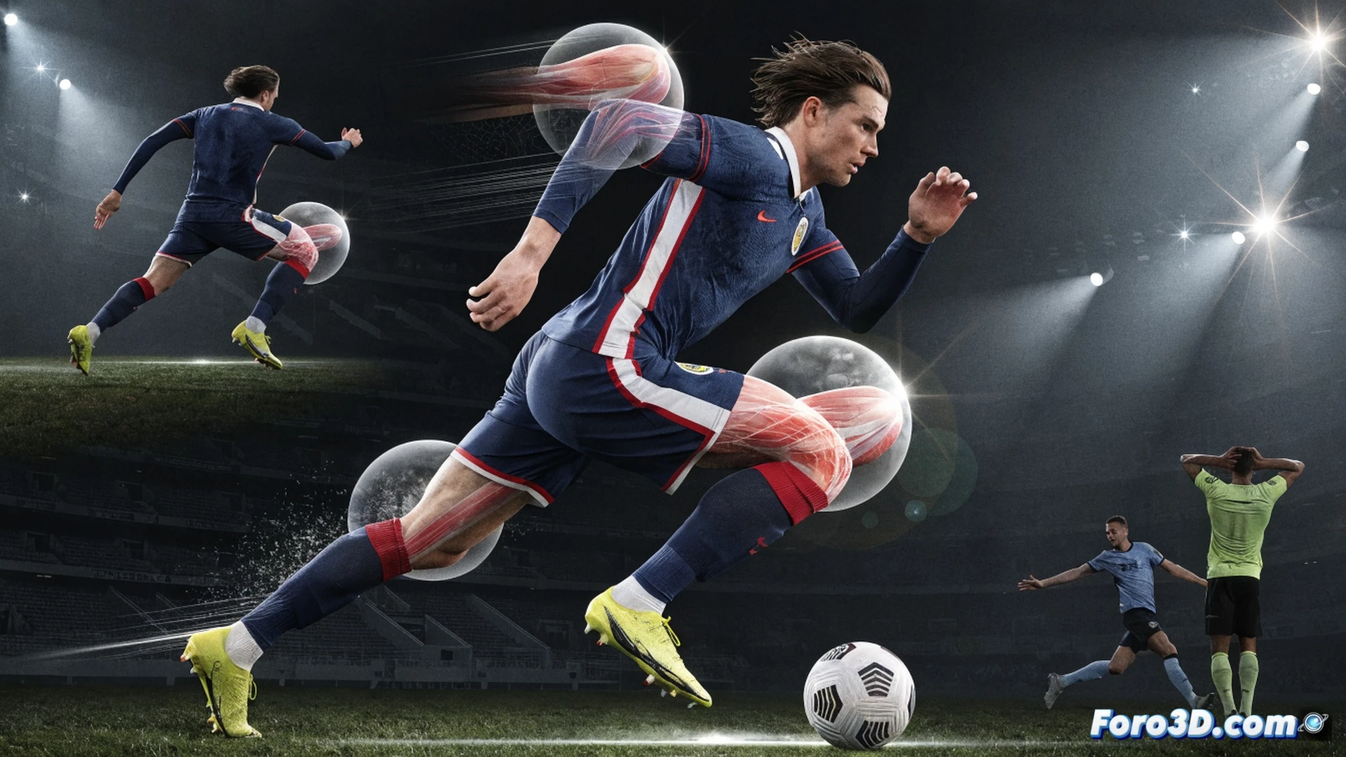 midfield player with imposing physique making late run into penalty box, 3D motion capture skeleton overlay showing kinetic chain and angular velocity of explosive acceleration, yellow-green heatmap on joints highlighting maximum force zones, tactical line tracking from deep midfield position, technical engineering visualization style, semi-transparent kinematic model with biomechanical stress indicators, blue wireframe grid surrounding the player, sharp focus on leg muscles and torso rotation, dark studio background with cool blue and orange accent lighting, photorealistic yet analytical aesthetic, high-definition render with subtle depth of field