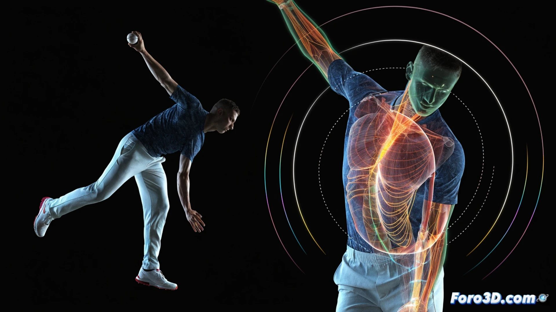 Sean Abbott en plena acción de bowling, análisis 3D biomecánico mostrando su torso en rotación máxima con líneas de fuerza vectoriales iluminando la cadera y el ángulo exacto del brazo, software de captura de movimiento superpuesto con esqueleto articulado y puntos de datos flotantes, fondo de laboratorio técnico con pantallas de renderizado cinético, estilo cinematic engineering visualization, iluminación dramática de estudio, texturas metálicas y reflectantes, photorealistic technical render