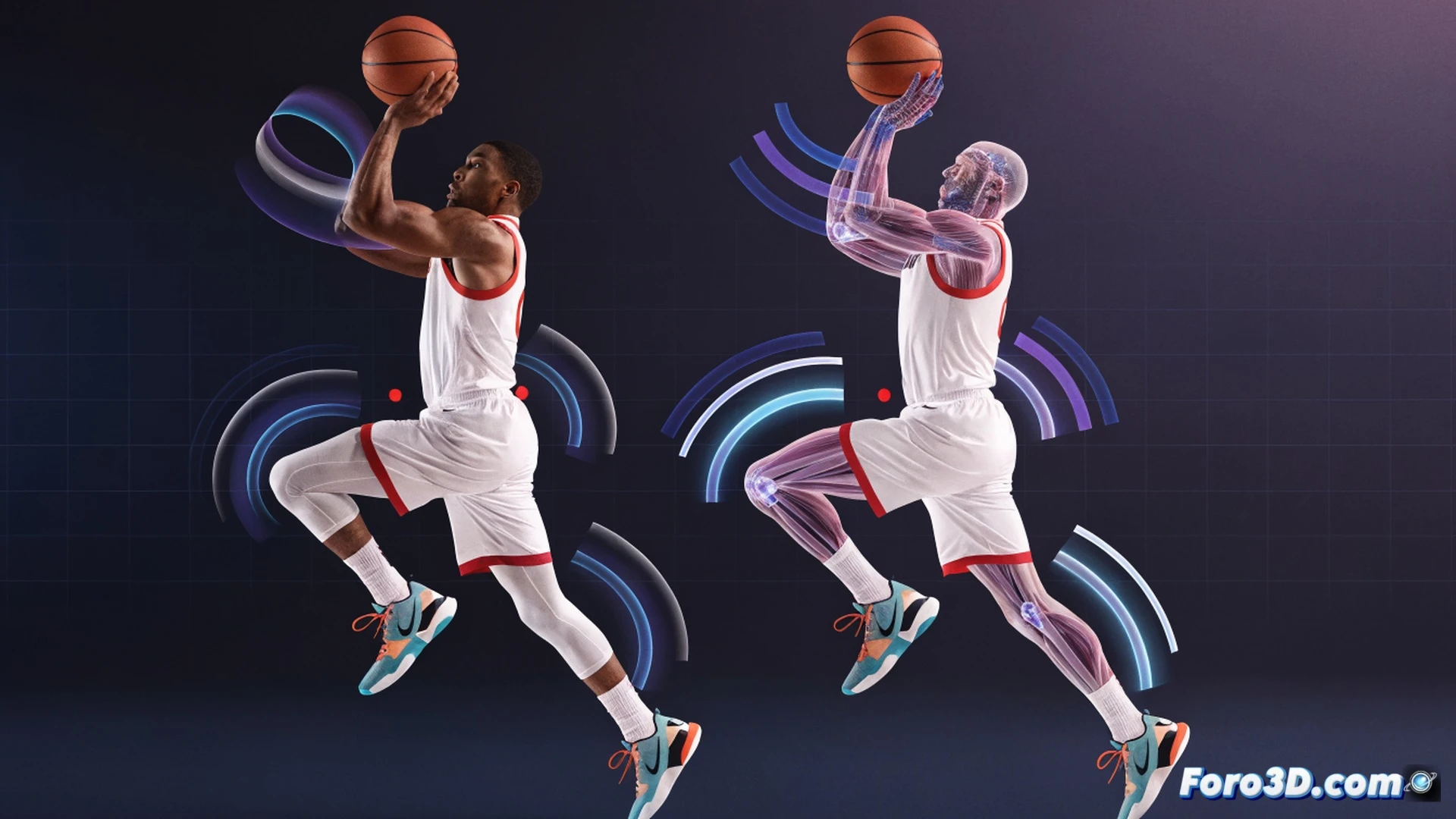 isometric 3D biomechanical analysis of basketball player executing jump shot, low center of gravity during drive motion, digital wireframe skeleton overlaying translucent muscle structure, motion path trajectories showing rapid elevation and rhythm change, technical engineering visualization with angular joint markers and force vectors, dark studio background with dramatic rim lighting on athlete silhouette, photorealistic human form merging with holographic grid lines, precise anatomical detail in shooting arm extension and hip rotation, cinematic sports science render