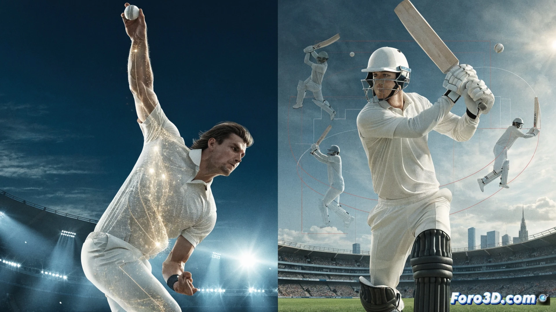 Sam Curran mid-bowling action in 3D motion capture studio, biomechanical analysis overlay showing shoulder rotation and hip drive during delivery stride, red trajectory lines tracing ball release angle and swing path, cricket pitch with stumps and batsman silhouette, technical engineering visualization with wireframe skeleton and joint markers, photorealistic render, dramatic stadium lighting, high-speed motion blur, detailed muscle tension in forearm and torso, dark background with neon blue and orange accent highlights