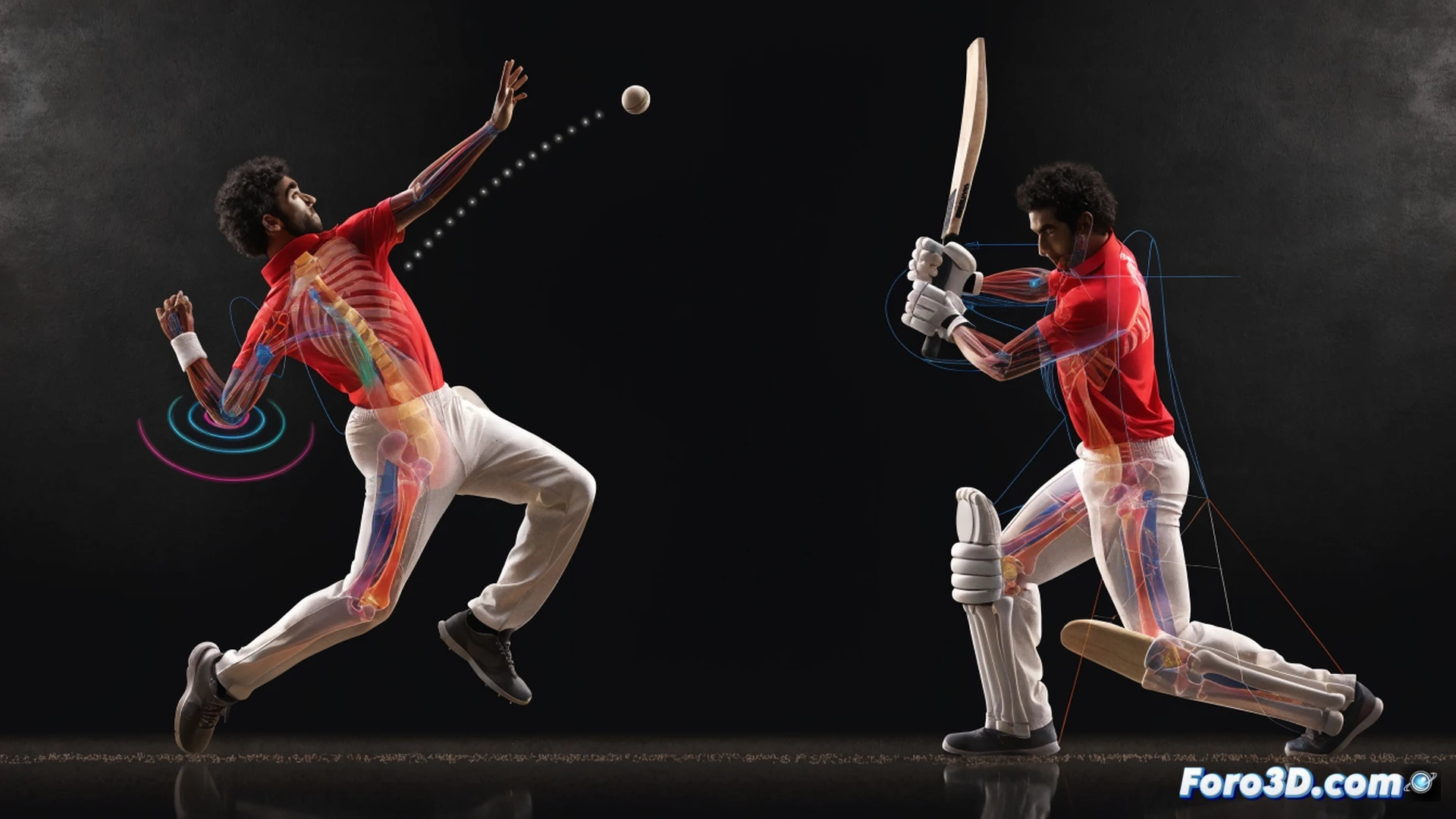 Washington Sundar delivering an off-spin ball in 3D biomechanical analysis, arm rotation and wrist snap at release point highlighted with motion lines, body balance demonstrated during follow-through, technical illustration style, transparent skeletal overlay showing shoulder and hip rotation, glowing joint angles and muscle activation zones, cricket pitch with stumps and batsman silhouette in background, ground reaction force arrows from front foot, camera tracking from side angle, photorealistic rendering with soft stadium lighting and subtle grass texture