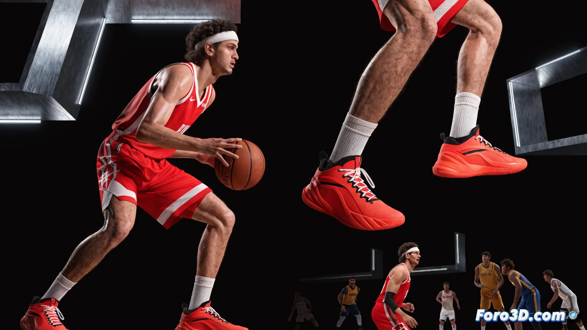 Photorealistic technical illustration of Alperen Sengun in a dimly lit basketball arena, mid-post-up move with rapid footwork, defender off-balance, left hand executing a no-look pass while right foot pivots, glowing trajectory lines tracing passing lane, holographic 3D spatial analysis overlays showing court vision zones and defensive gaps, kinetic energy flow from hips to fingertips, motion blur on jersey, dramatic rim lighting, ultra-detailed muscle tension, cinematic sports engineering visualization, hardwood floor reflections, basketball slightly flattened from spin