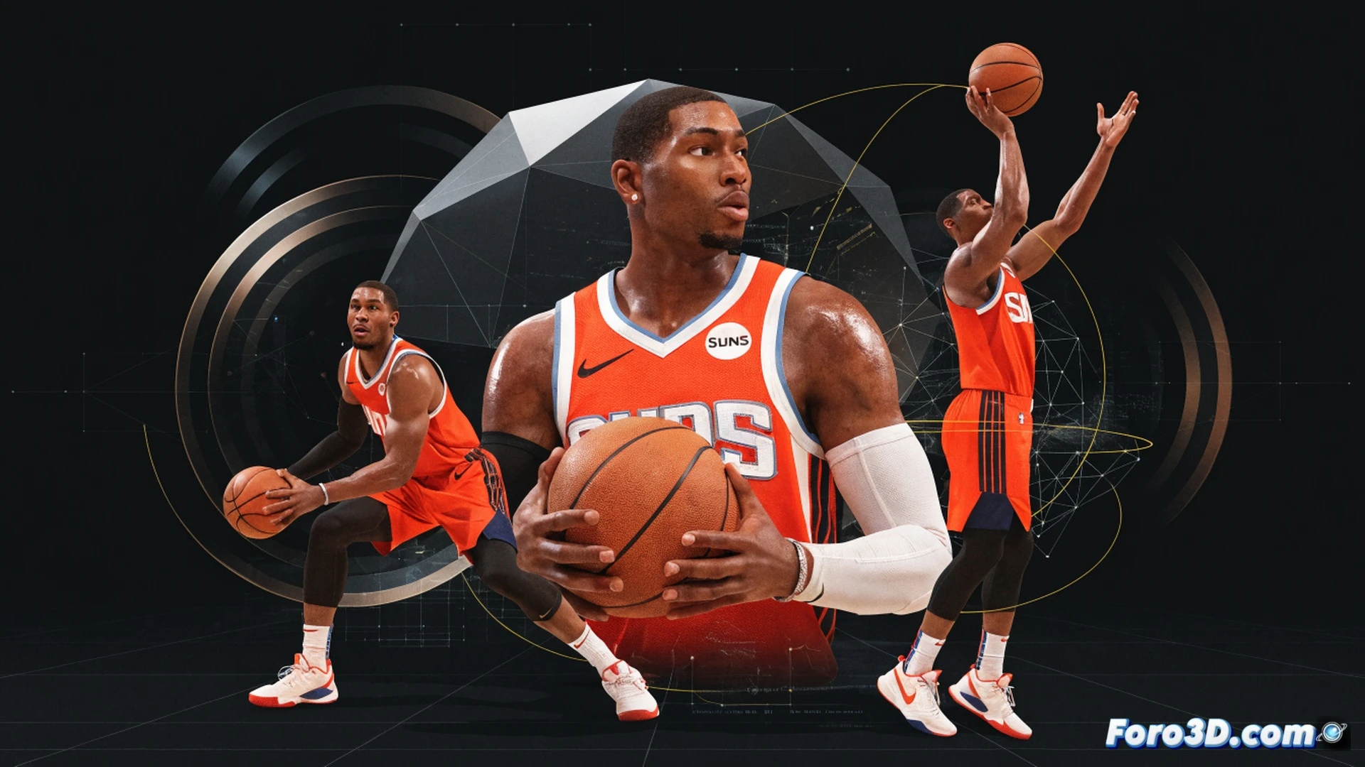 basketball player in motion creating space with a crossover dribble, defensive player shifting weight reacting to the move, three-point arc visible on court, glowing trajectory lines showing shooting angles and passing lanes, basketball spinning mid-air with motion blur, technical breakdown overlay with transparent geometric zones for spacing analysis, cinematic sports visualization, warm arena lighting, photorealistic athlete anatomy, dynamic pose, high-speed freeze-frame effect