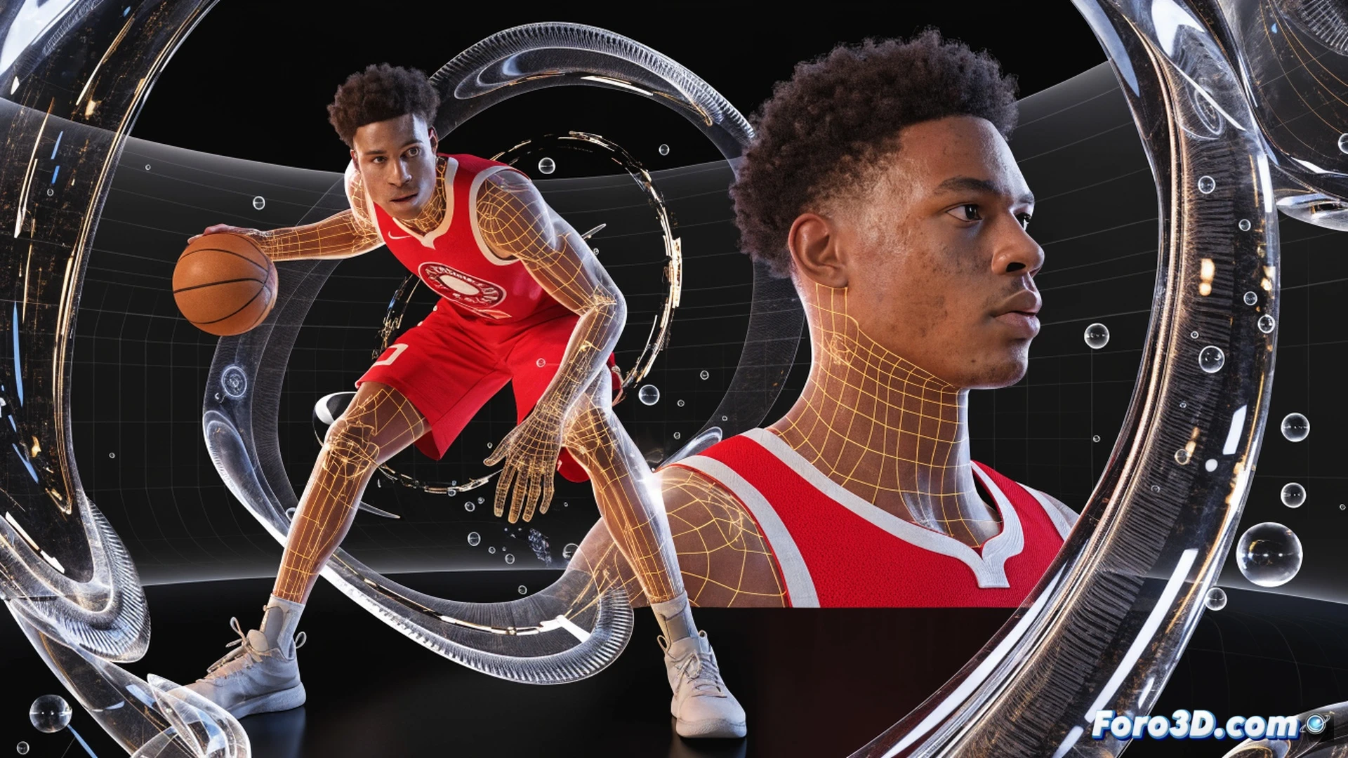 Cade Cunningham dribbling past a defender in a dimly lit arena, motion capture dots glowing on his joints while translucent 3D skeletal lines trace his footwork and ball-handling path, a wireframe holographic court grid beneath him showing defensive pressure zones, basketball rotating with spin vectors and trajectory arcs, technical illustration style, monochrome blue and silver palette, sharp volumetric lighting, photorealistic athlete mesh with semi-transparent biomechanical overlay, dramatic low angle, ultra-detailed muscle deformation and shoe grip texture