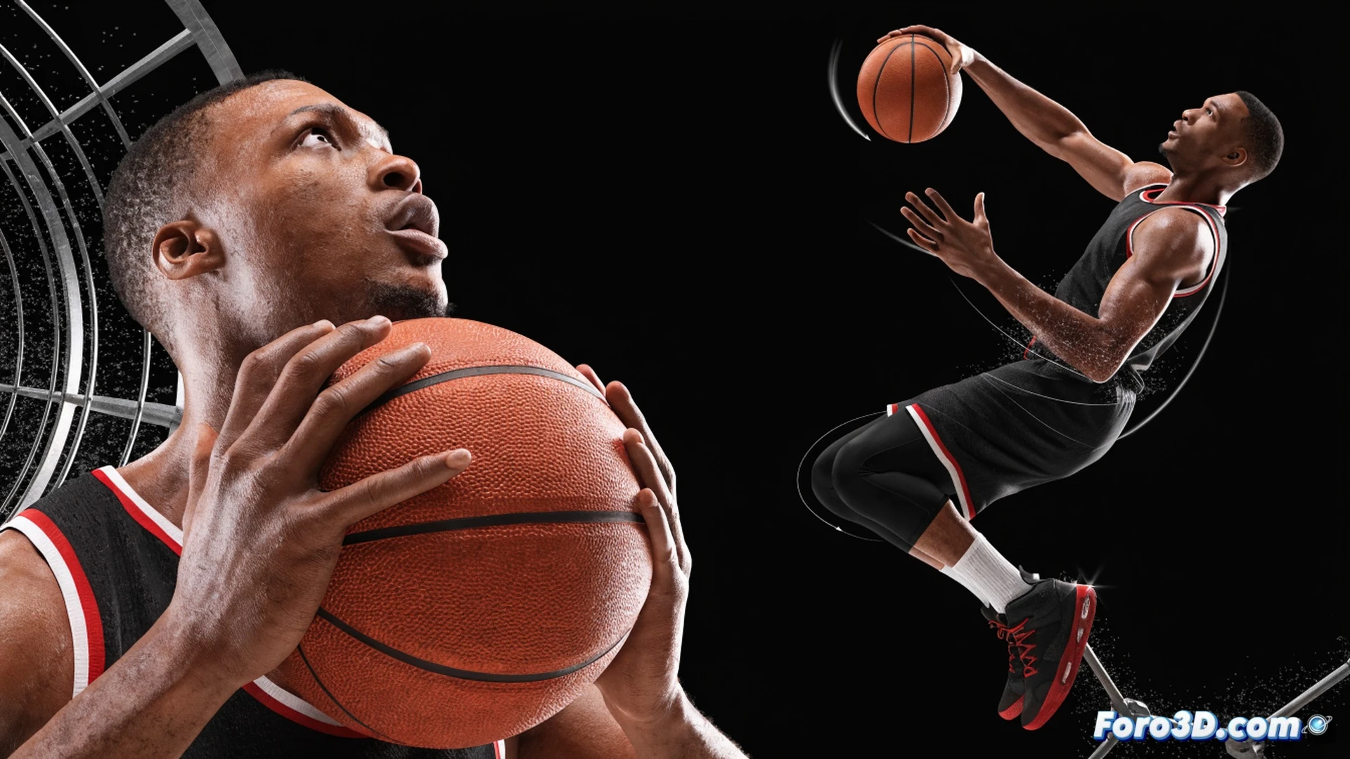 basketball player in mid-air launching a deep three-pointer from the logo, left hand guiding ball with slight wrist snap, right leg kicked forward for balance, biomechanical wireframe overlay showing minimal knee bend and low release point, ball trajectory traced with glowing arc, defensive arm reaching but too late, stadium lights illuminating sweat droplets, photorealistic sports science visualization, high-speed freeze-frame motion, muscle tension visible in forearm and core, kinetic energy lines radiating from shooting hand, engineering technical illustration style, deep blue and gold arena tones