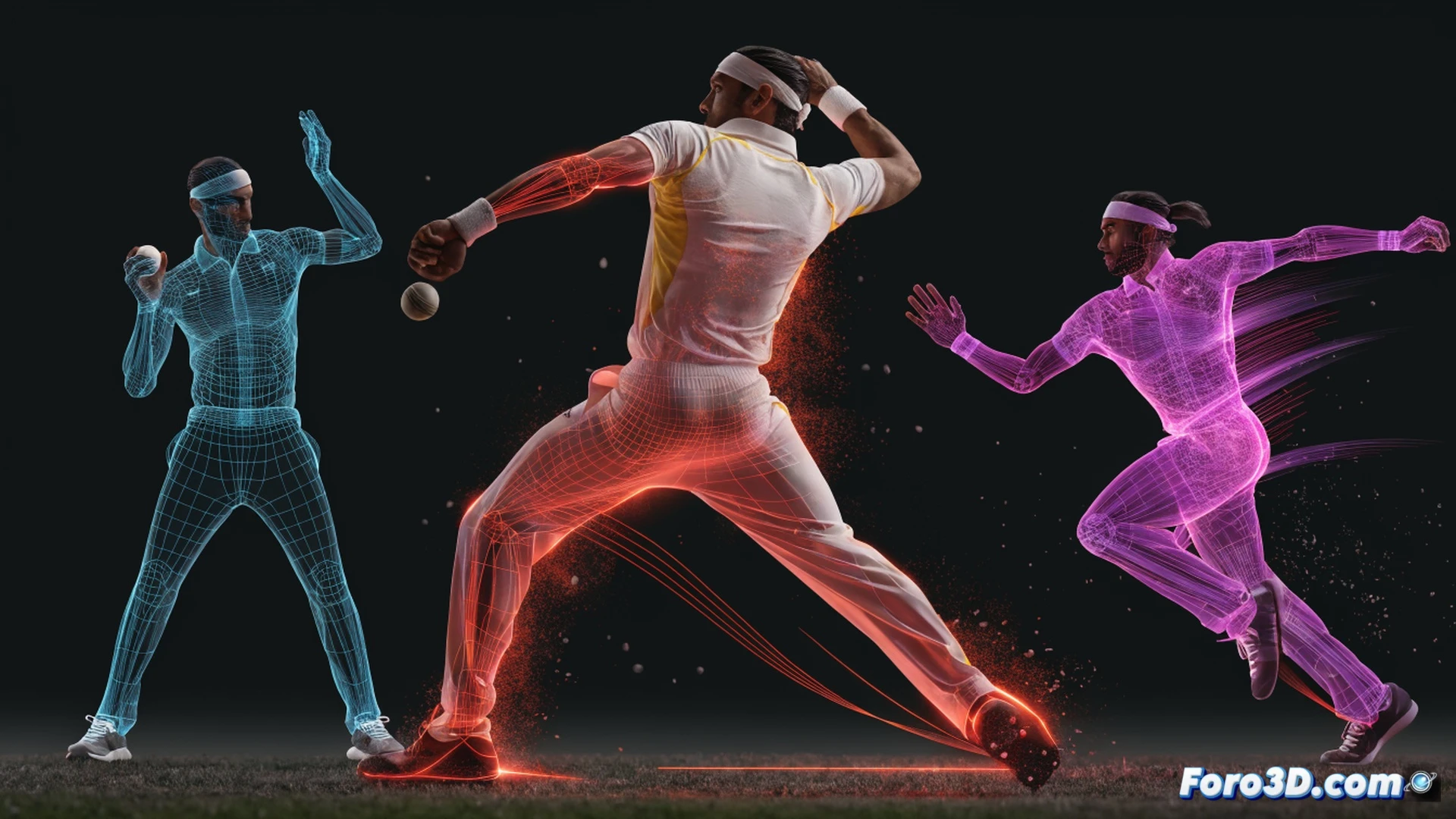 cricket batsman Dasun Shanaka mid-swing, 3D motion capture skeleton overlay showing joint angles, bat face angled at 45 degrees, muscle strain visible in torso and forearms during power transfer, biomechanical arrows tracing force vectors from back foot through hips to bat, dark studio background with blue and orange volumetric lighting, photorealistic technical illustration, high-speed impact frozen frame, sweat droplets suspended, stroboscopic ghosted frames of prior stance phases, ultra-sharp muscle definition, engineering visualization style
