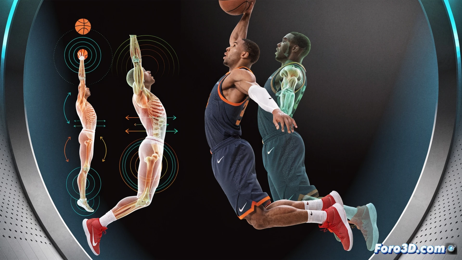biomechanical 3D analysis of Derrick Rose performing a crossover dribble, skeletal wireframe overlay showing torque in torso and knee joint angles during explosive acceleration, motion capture markers on his limbs while basketball contacts the court, glowing force vectors tracing vertical jump trajectory and foot pressure points, technical engineering visualization with translucent muscle layers, dark studio background, dramatic spotlight highlighting kinetic chain, photorealistic cinematic render, ultra-detailed anatomy and motion lines