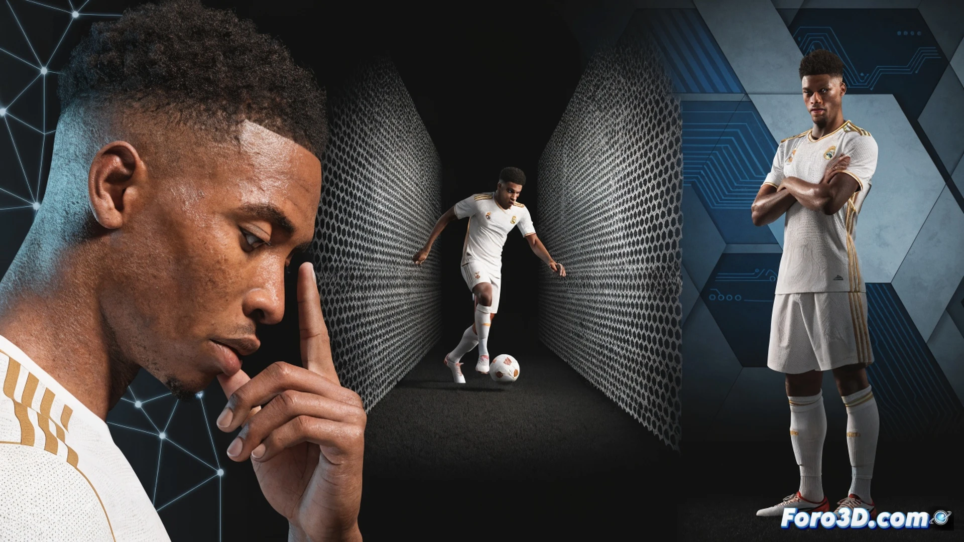 Real Madrid midfielder Eduardo Camavinga in a 3D tactical analysis scene, pivoting under pressure in a tight central space, left foot dragging the ball past two opponent silhouettes, right arm extended for balance, body angled low for quick turn, surrounding pitch marked with glowing heatmap zones and pass probability lines, wireframe skeleton overlay showing hip rotation and foot placement, cinematic technical illustration, dark stadium background, blue and orange tactical lights, photorealistic player model, sharp depth of field on boots and ball, engineering visualization style