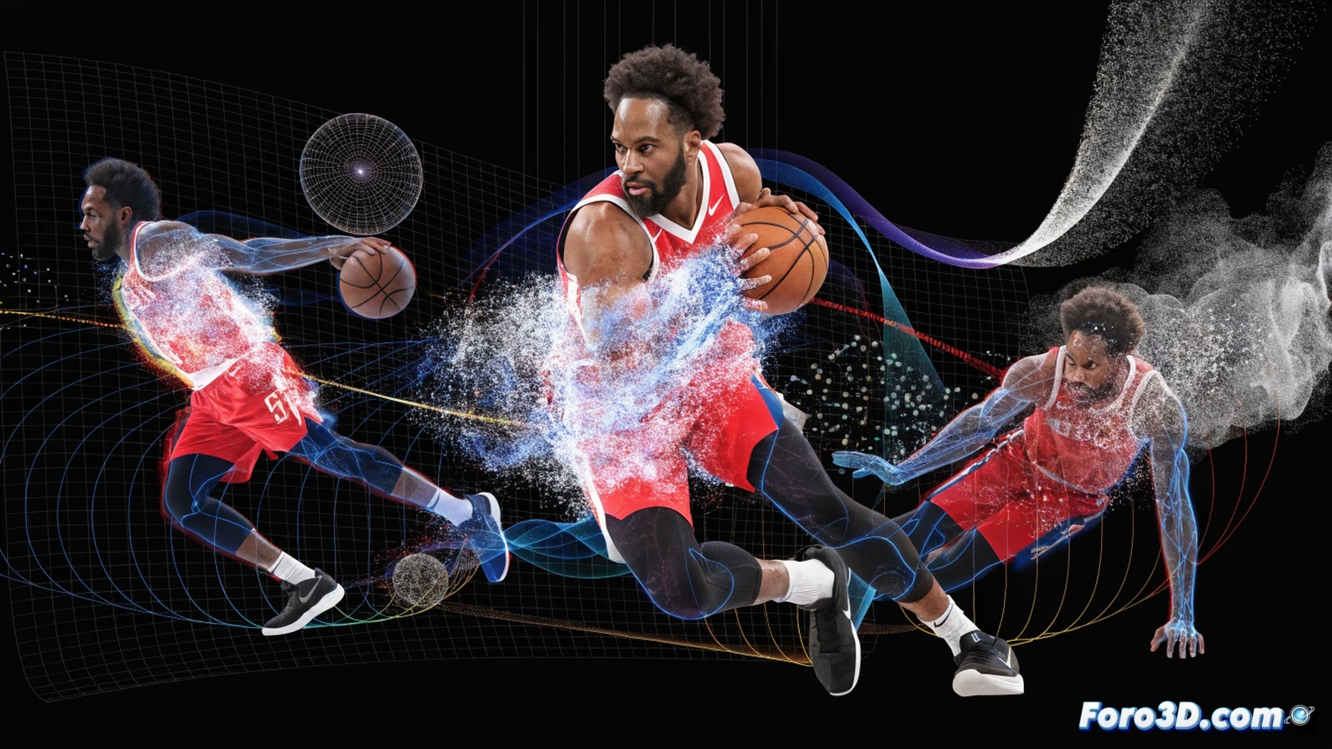 basketball court illuminated by data visualization overlays, James Harden performing step-back three-pointer, left foot pivoting while right foot sliding backward creating separation from defender, motion trails tracing ball trajectory and footwork patterns, holographic biomechanical lines showing hip rotation and shoulder alignment, glowing arrows indicating defensive space creation, wireframe skeleton overlay on shooting form, technical engineering visualization, dark arena background with blue and orange neon accent lighting, volumetric fog catching light rays, photorealistic sports science render, ultra-detailed muscle definition under jersey, high-speed action frozen mid-motion