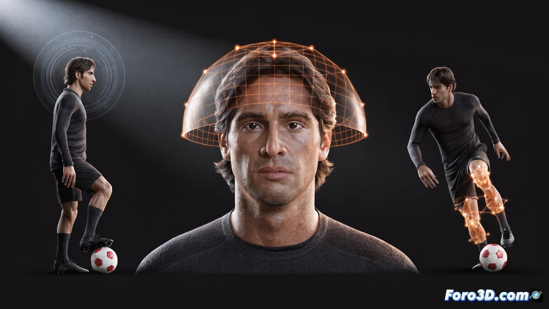 Hyper-realistic 3D motion capture of a footballer performing a controlled pause with ball glued to right foot, biomechanical skeleton with glowing joint markers showing minimal hip rotation while torso remains upright, translucent tactical grid on pitch surface with opposing defenders frozen in anticipation, technical illustration style with wireframe overlays and golden ratio lines tracing peripheral vision arc, cinematic volumetric lighting from stadium floodlights, photorealistic skin texture and boot detail, blue and orange team kits contrasting against green grass, depth of field blurring background players, high-end sports science visualization