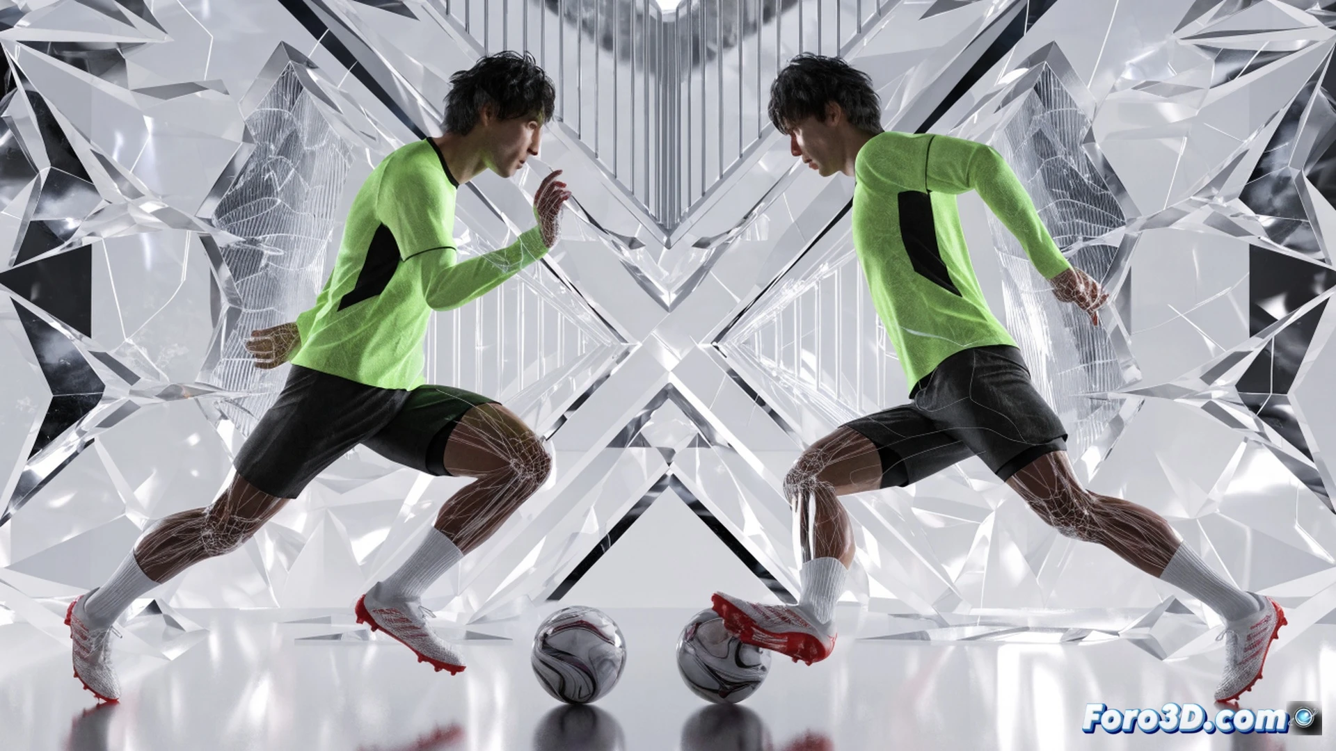 3D technical illustration of Kaoru Mitoma performing a dribbling action, left foot dragging the ball with millimetric control while defender lunges off-balance, motion trails showing explosive acceleration from static position, biomechanical analysis lines tracing ankle rotation and hip torque during the feint move, wireframe overlay of leg muscles and joint angles, football deforming slightly under pressure, grass particles kicked up during sudden directional change, cinematic stadium lighting casting sharp shadows, photorealistic sports science visualization, ultra-detailed player model with translucent anatomical layers