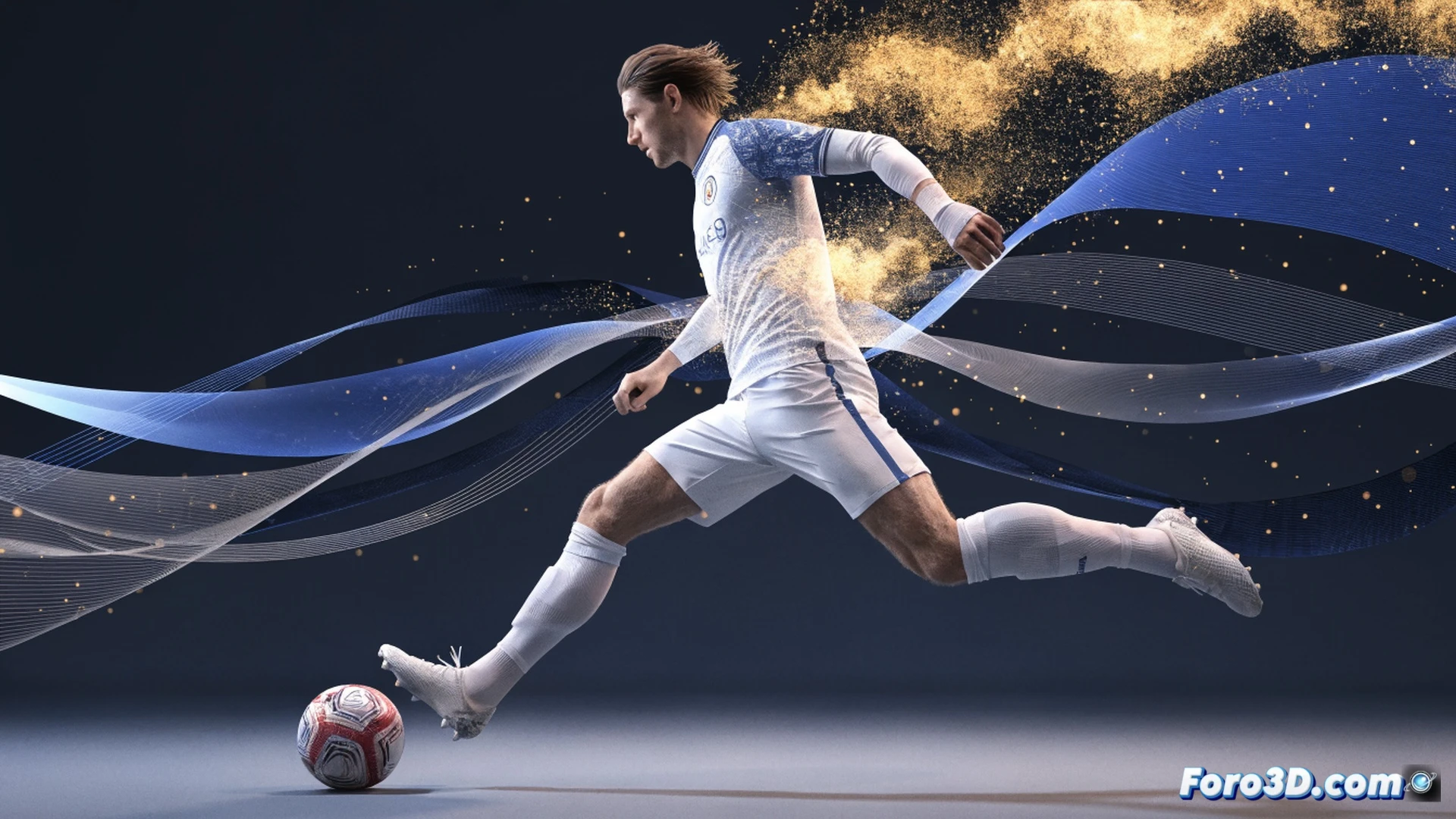 Photorealistic technical illustration of a football player mid-pass, right foot striking a ball with intense spin, motion lines tracking the ball trajectory in a curved arc. Surrounding the player, semi-transparent holographic overlays display a 3D wireframe skeleton highlighting hip rotation and ankle angle, a radar-style peripheral vision cone extending from the head, and a glowing heatmap of the pitch showing passing lanes. Dark stadium background with dramatic spotlights, ball and player in sharp focus, particles of turf kicked up during the strike. Cinematic engineering visualization, ultra-detailed muscle definition under kit, realistic lighting and shadow, no text or numbers visible.