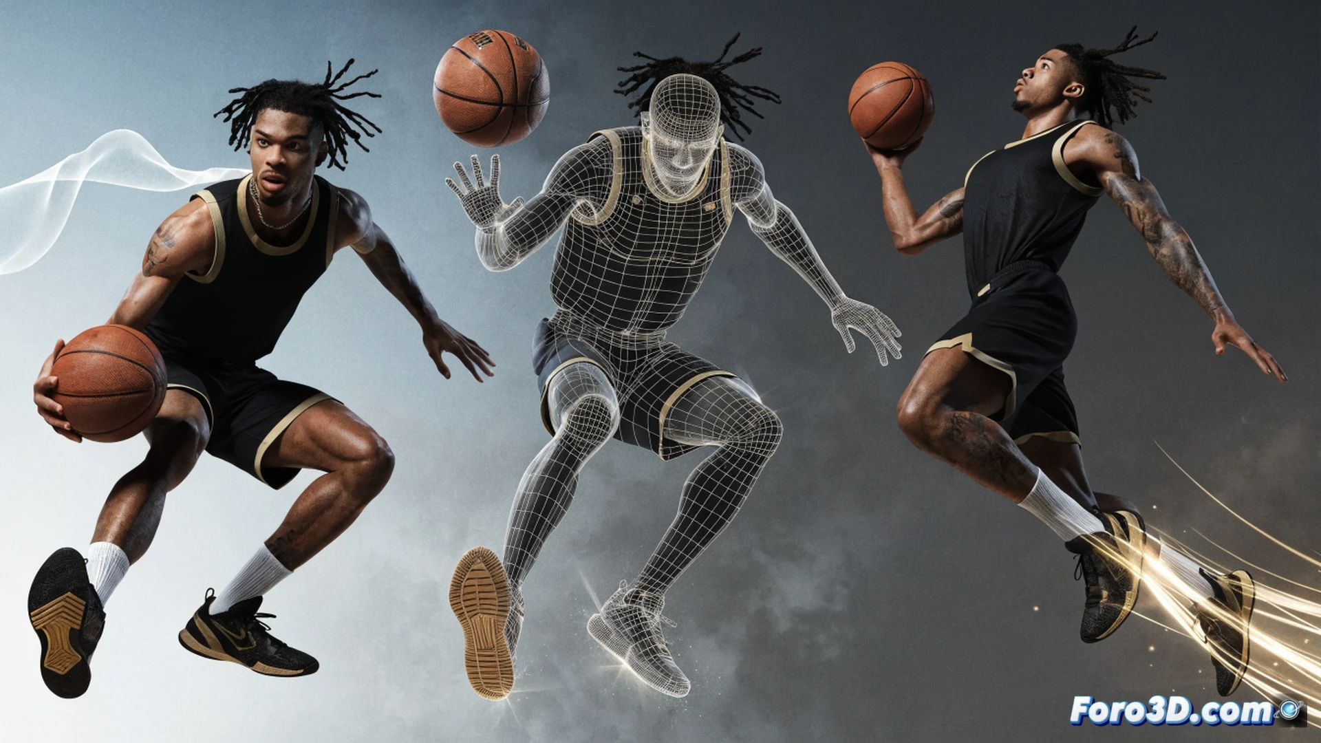 basketball player Kevin Porter Jr. mid-dribble crossover move, 3D motion capture skeleton overlay showing hip rotation and ankle torque, glowing trajectory lines from ball to hoop, defensive player partially blurred in background, technical biomechanical analysis visualization, wireframe mesh around player's torso highlighting muscle activation zones, hardwood court reflection, cinematic sports science render, dramatic arena lighting with blue and orange rim lights, photorealistic athlete model, high-speed action frozen in time