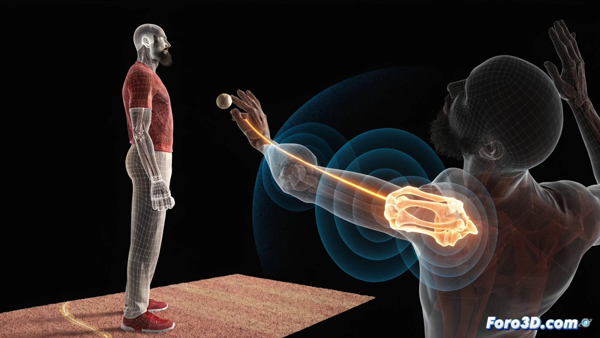 Photorealistic technical illustration of a cricket bowler mid-delivery, high-speed camera freeze-frame capturing wrist flexion at point of release, glowing trajectory lines showing seam movement through air and post-bounce deviation off pitch surface, transparent 3D skeletal overlay highlighting wrist joint angle and finger pressure points, biomechanical analysis markers on shoulder rotation and follow-through, dark studio background with dramatic rim lighting, ultra-detailed muscle definition and jersey fabric texture, motion blur on spinning ball with visible seam orientation, engineering visualization style, cinematic sports science render