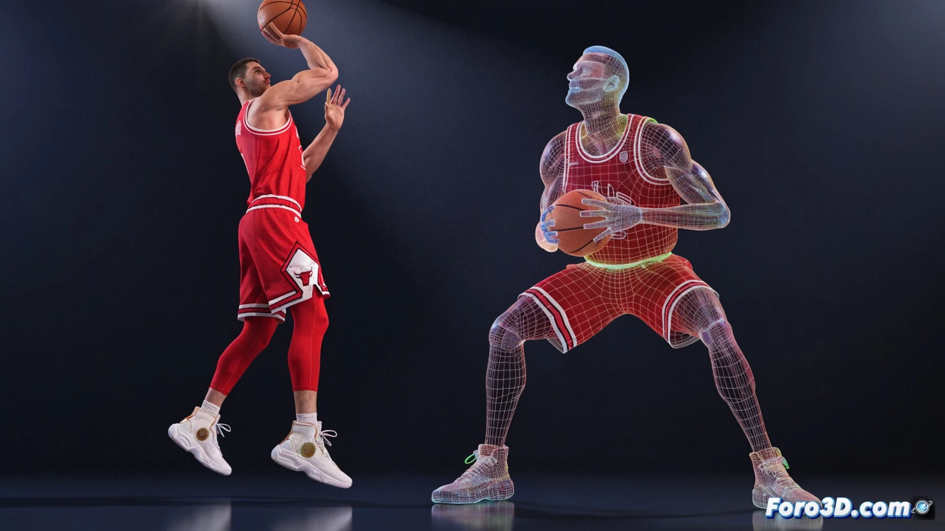 tres modelos 3D wireframe de un jugador de baloncesto ejecutando diferentes fases de un movimiento de poste bajo, mostrando el giro sobre el pie pivote, el lanzamiento en suspensión y el seguimiento del balón, con líneas de trayectoria de tiro y ángulos de defensa en el suelo de la cancha, iluminación técnica azul y naranja sobre fondo oscuro, estilo cinematic photorealistic engineering visualization