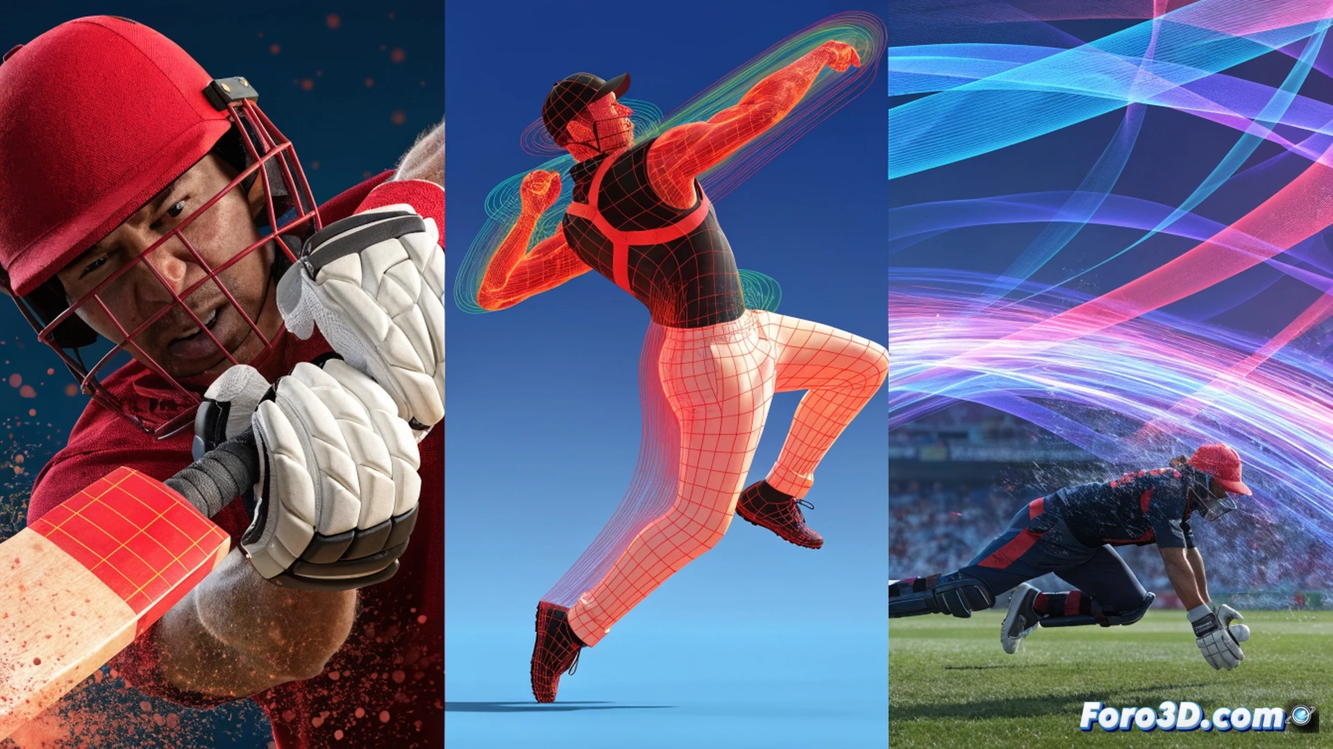 cricket player mid-swing bat connecting with ball, dynamic motion capture pose, 3D wireframe overlay showing biomechanical joint angles and force vectors, glowing red trajectory lines from bat to boundary, blue and orange heatmap gradients on muscles, stadium floodlights casting dramatic shadows, photorealistic sports visualization, technical data panels floating in background, motion blur on ball, high-contrast cinematic lighting, detailed muscle definition, realistic synthetic turf