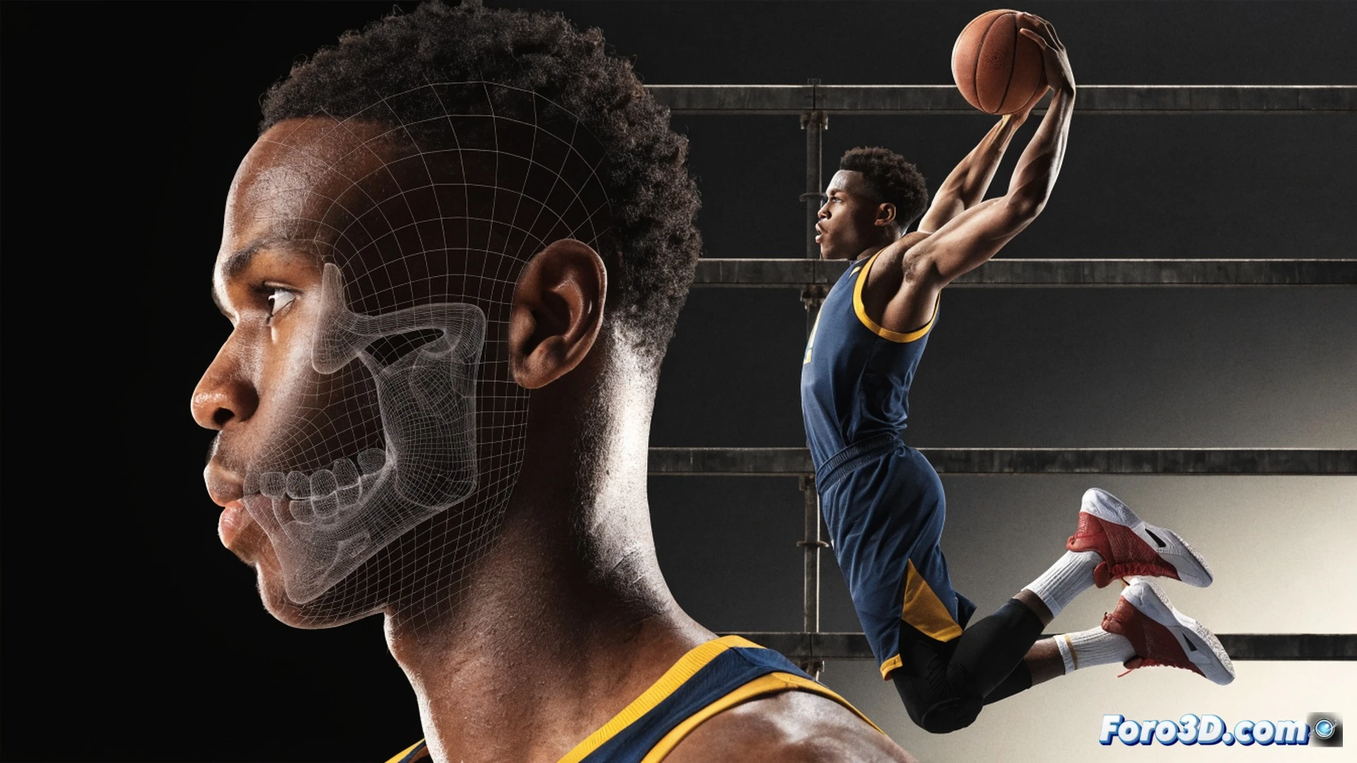 Biomechanical 3D analysis of a basketball player mid-drive, left leg planted with quadriceps and calf muscles visibly flexed, right leg driving forward with explosive force, red and blue motion trails tracing the first step path, vertical jump arc shown with glowing orange trajectory lines above the rim, defender slightly off-balance in the background, player torso leaning forward absorbing contact with core muscles highlighted in metallic gold, technical wireframe overlay on the lower body, cinematic sports science visualization, dark gym background with dramatic rim light, photorealistic engineering render, hyper-detailed muscle fiber textures, kinetic energy flow lines