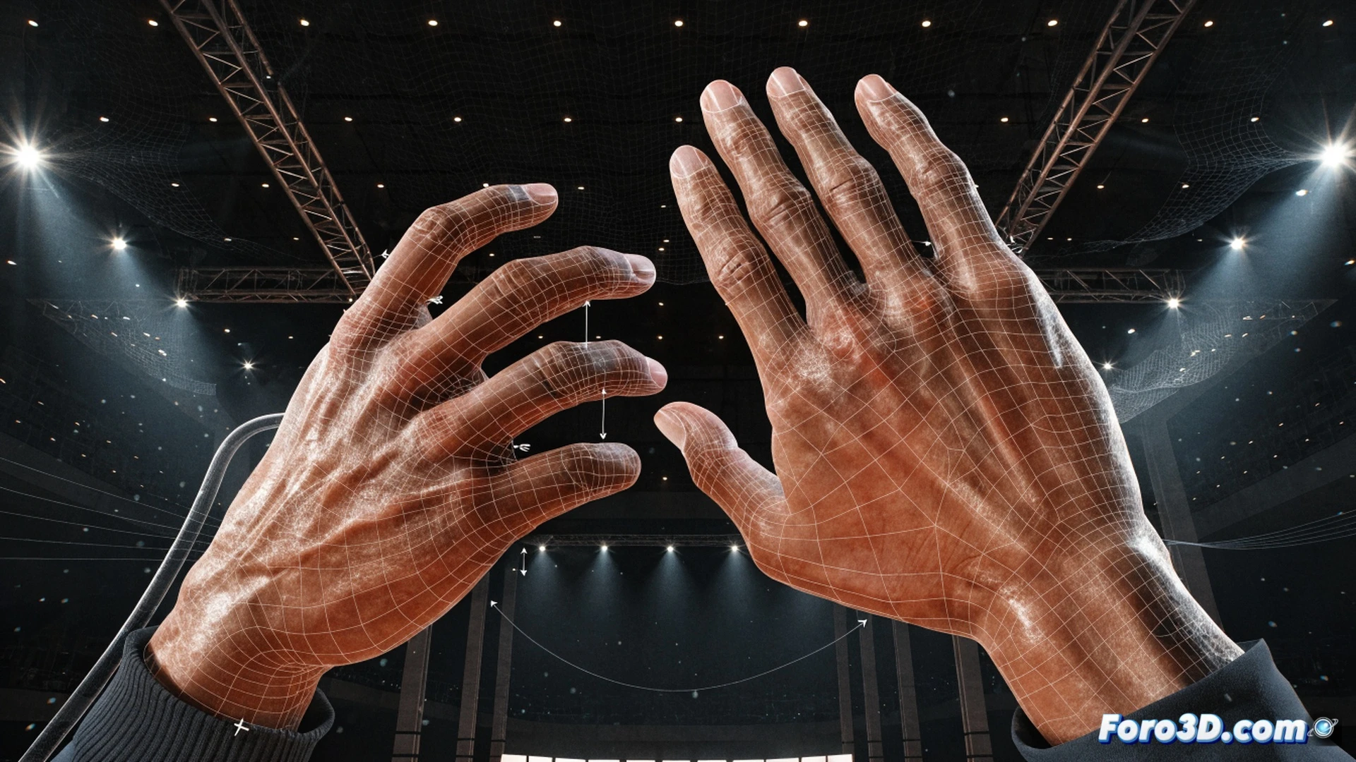 Photorealistic technical illustration of Kawhi Leonard's giant hands gripping a basketball during a defensive steal motion, 3D biomechanical analysis overlay showing hand span measurements of 28.6 cm and wingspan of 2.21 meters, translucent skeletal and muscle wireframe highlighting finger joint angles and palm surface area, engineering visualization with motion capture markers on wrist and knuckles, basketball deforming slightly under grip pressure, dark studio background with dramatic rim lighting, ultra-detailed skin texture, subtle sweat reflection, cinematic sports science render style, precise anatomical annotation lines without text