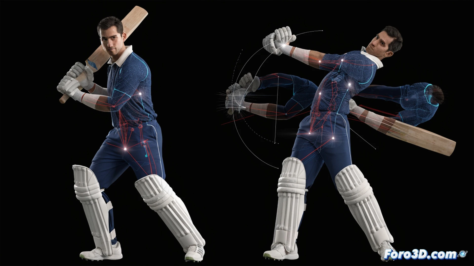 Ben Duckett stance biomechanics analysis, cricket batter in mid-swing showing hip rotation and wrist angle, 3D skeletal overlay with motion vectors highlighting joint movement, bat path traced with glowing arc lines, technical engineering visualization, dark studio background, multiple transparent view angles showing front and side simultaneously, muscle activation heat map on legs and core, photorealistic human model with semi-transparent skin revealing bone structure, precise angular measurements displayed as holographic markers, cinematic rim lighting, ultra-detailed muscle fibers and tendons, realistic sweat droplets frozen in motion, professional sports science render