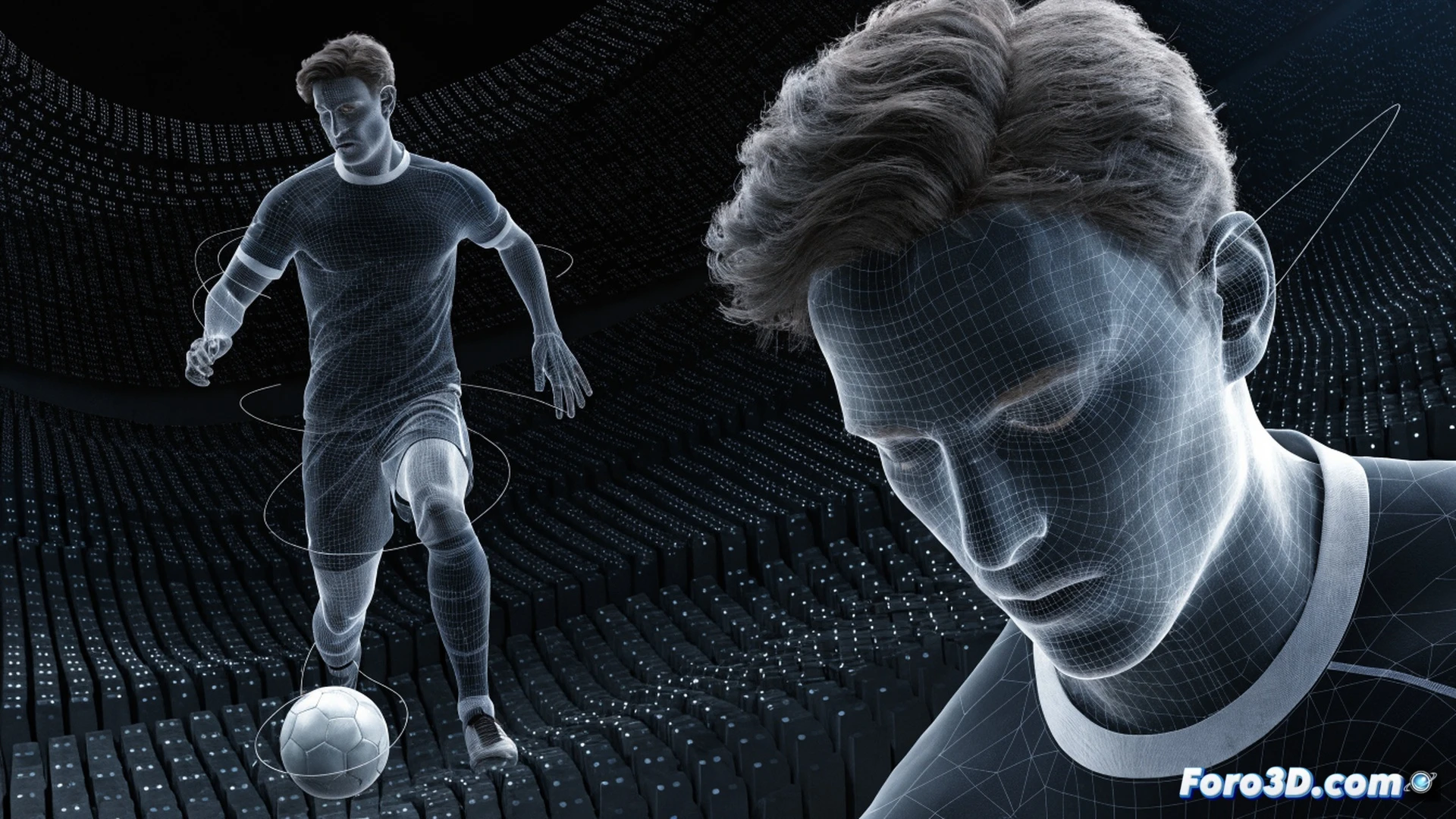 Josip Stanišić en un campo de fútbol digitalizado, mostrando su perfil híbrido durante una transición defensiva, cuerpo girado para ocupar espacio interior mientras presiona, datos biométricos y trayectorias de movimiento superpuestos en visualización 3D, software táctico con líneas de pase y mapas de calor, render técnico fotorrealista, iluminación de estadio nocturno, textura de césped y sudor en la piel, análisis biomecánico con esqueleto articulado y vectores de fuerza, estilo cinematic engineering visualization
