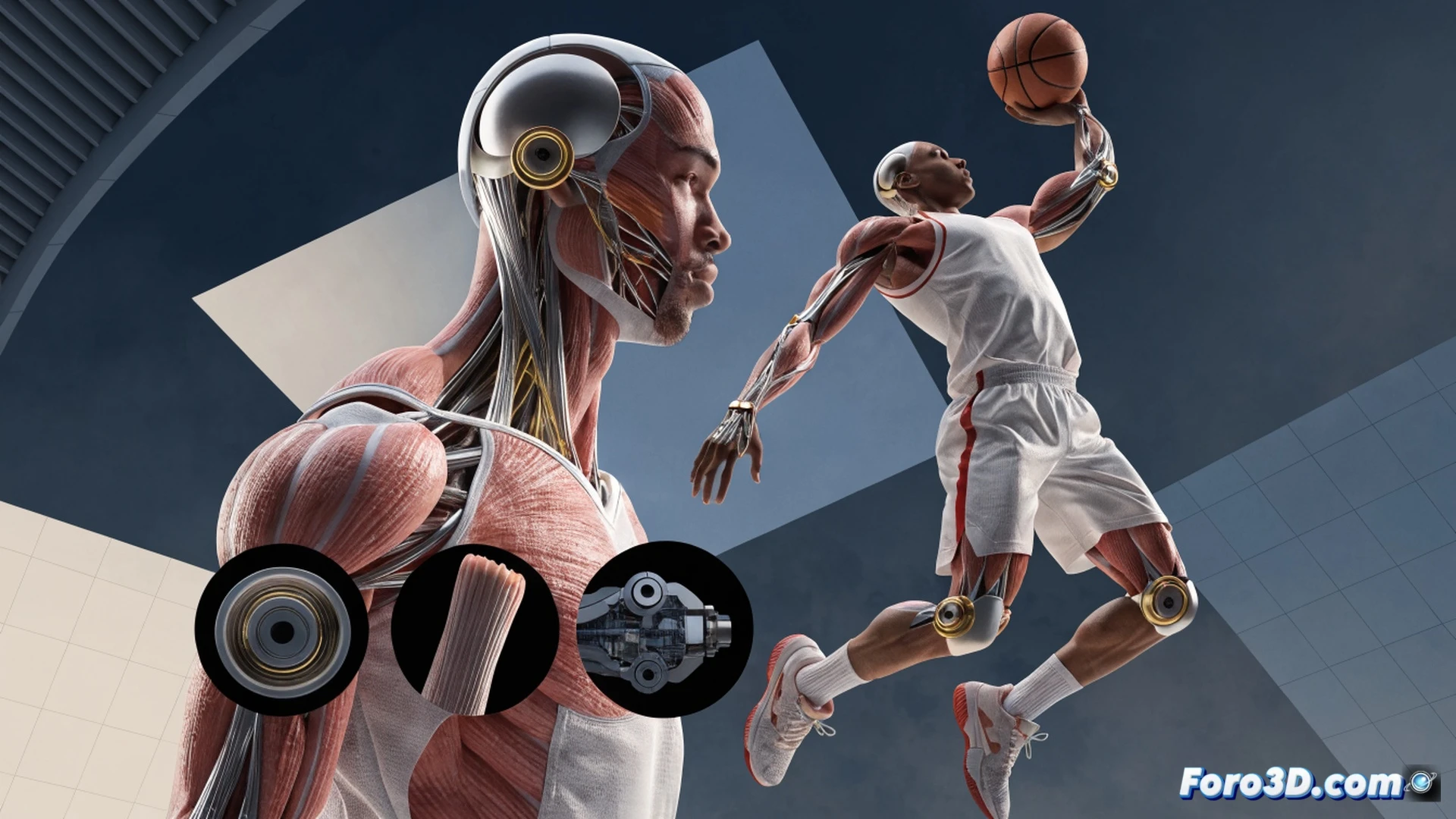 biomechanical analysis of a basketball player mid-air leap, right arm extended for a dunk, left leg bent at an unusual angle, three-dimensional skeletal overlay showing joint rotations and muscle activation, motion capture markers on the body, wireframe trajectory arcs from feet and hands, glowing green force vectors from the knee and ankle, dark studio background with soft rim light, cinematic technical illustration style, ultra-detailed muscle fiber definition, photorealistic human anatomy render
