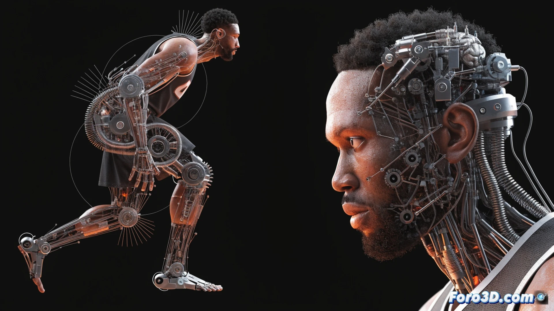 Three-dimensional biomechanical analysis of Joel Embiid mid-spin move in the paint, 213cm center lowering his center of gravity while maintaining guard-like mobility, golden angle trajectory lines tracing his footwork and hip rotation, semi-transparent skeletal overlay showing joint angles and torque vectors, defenders frozen in space creating defensive geometry, technical engineering visualization style, photorealistic muscle definition under jersey, glowing biomechanical data points on joints, hardwood court with motion blur trails, dramatic arena lighting with blue and amber tones, ultra-detailed athletic anatomy render