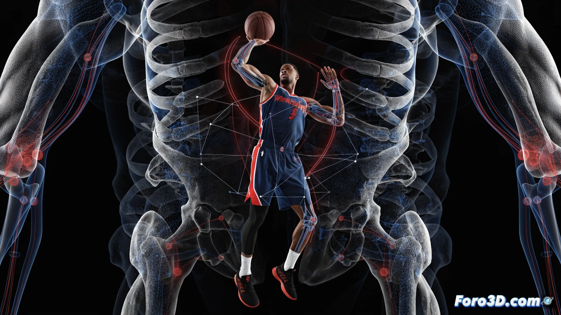 basketball player mid-air jump shot, biomechanical 3D wireframe overlay highlighting arm angles and release point above head, shoulder and wrist joints marked with glowing nodes, trajectory arc traced from fingertips to hoop, muscle fiber tension visible in torso and legs, dark studio background with soft rim light, photorealistic cinematic render, technical illustration style, ultra-detailed anatomy and motion analysis