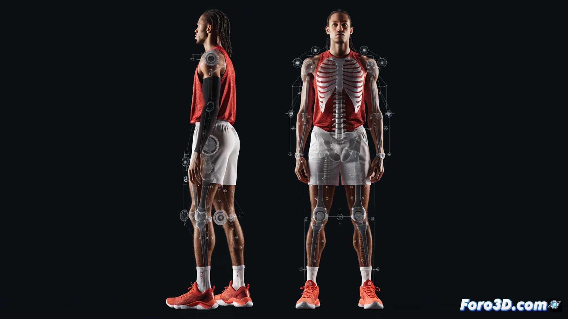 3D biomechanical analysis of Michael Porter Jr. shooting form, skeletal overlay showing spinal load distribution during jump shot release, glowing joint stress markers on hips and lower back, basketball arc trajectory with velocity vectors, wireframe human model in mid-air, translucent muscle layers revealing bone alignment, dark studio background with blue and orange technical highlights, cinematic engineering visualization, photorealistic medical illustration style, detailed musculoskeletal rendering, motion blur on ball release