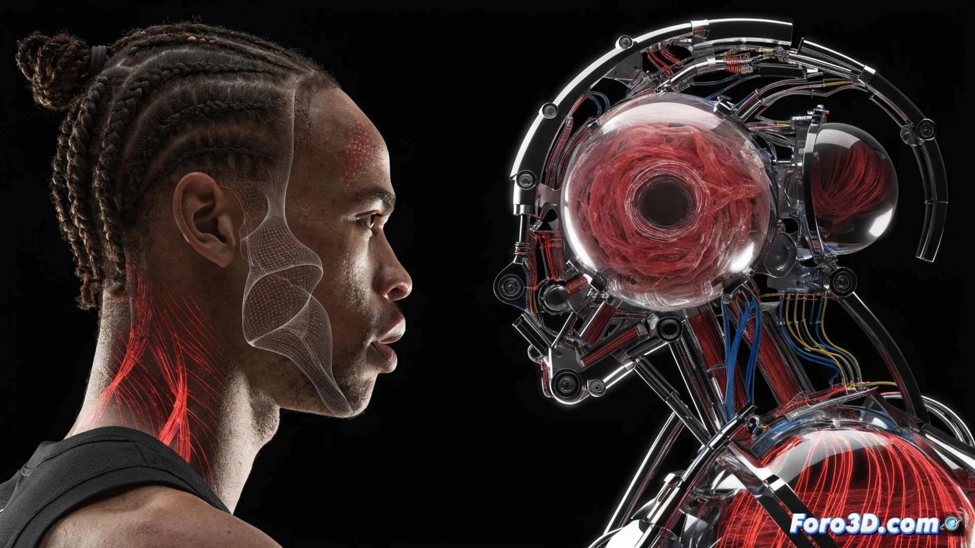 biomechanical analysis of basketball player Paul Reed in mid-air, 3D motion capture skeleton overlay showing joint angles and torque vectors, muscles and tendons highlighted in translucent red and blue, basketball spinning off fingertips with trajectory lines, court floor and hoop visible below, cinematic sports science visualization, dynamic pose with limbs extended, motion blur on background players, glowing biomechanical data points, photorealistic render with dramatic arena lighting, detailed muscle fiber textures, high-speed action freeze-frame