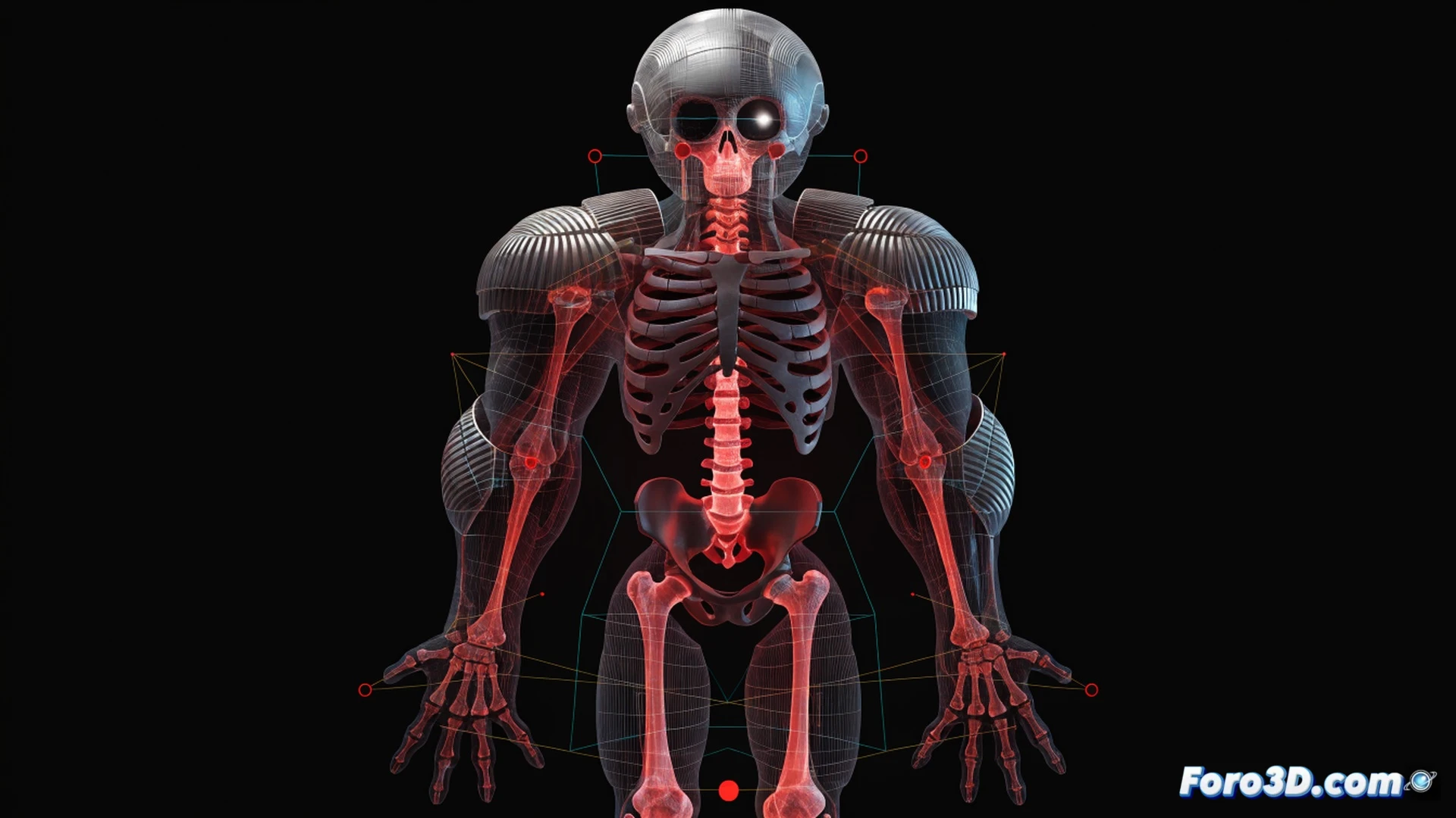 basketball player mid-stride on court, skeletal wireframe overlay showing wide pelvis and low center of gravity, force arrows tracing hip rotation and knee angles during lateral movement, technical engineering visualization with translucent blue muscle layers, motion lines from feet absorbing impact, biomechanical analysis software interface elements floating around figure, cinematic photorealistic style, dramatic arena lighting from above, detailed joint structures highlighted in red, ultra-sharp focus on kinetic chain dynamics