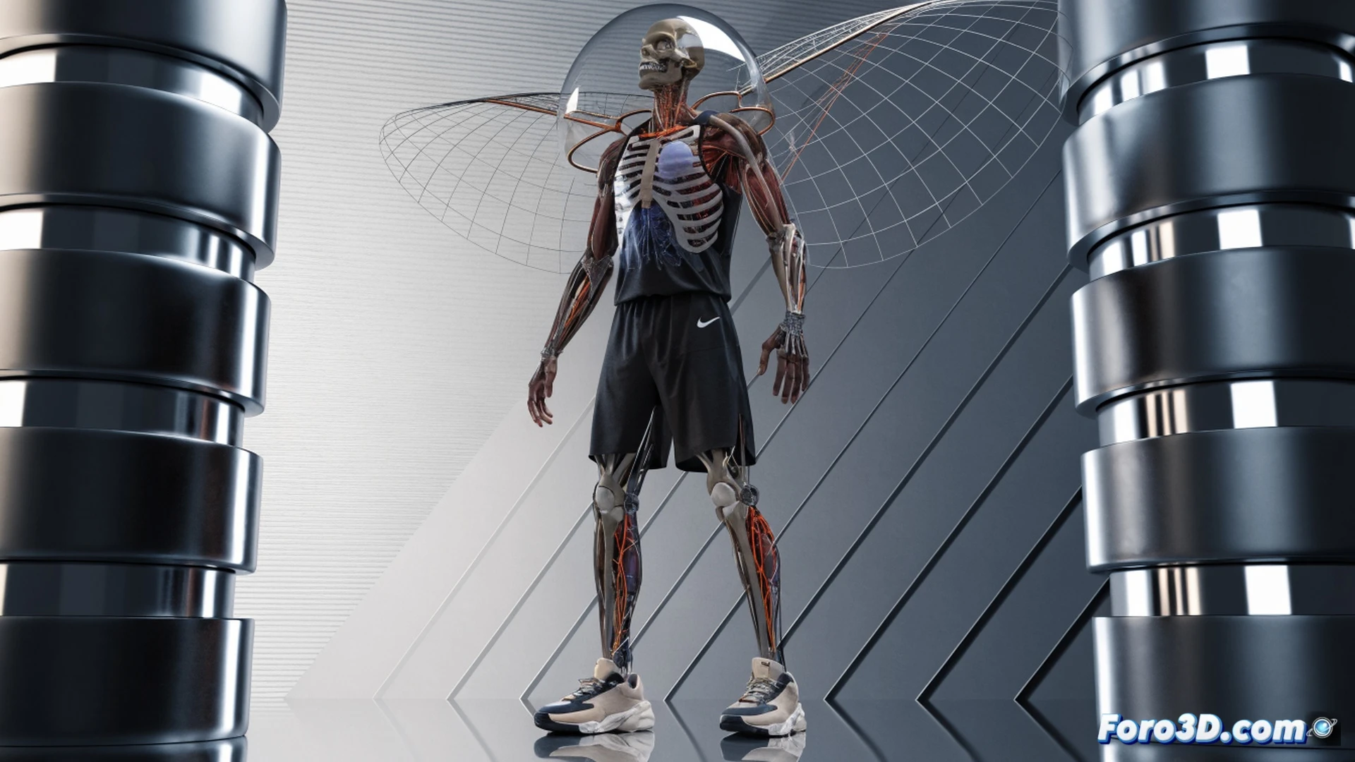 Basketball player in defensive stance mid-air, leaping for a block with extended arms, motion capture markers glowing on joints, skeleton wireframe overlay showing angular limb positioning, biomechanical trajectory lines tracing hip and shoulder rotation, high-speed camera rigs around court, blue and orange tracking dots on shoes for ground reaction force analysis, photorealistic technical illustration, dramatic arena lighting with volumetric rays, precise anatomical detail, cinematic engineering visualization