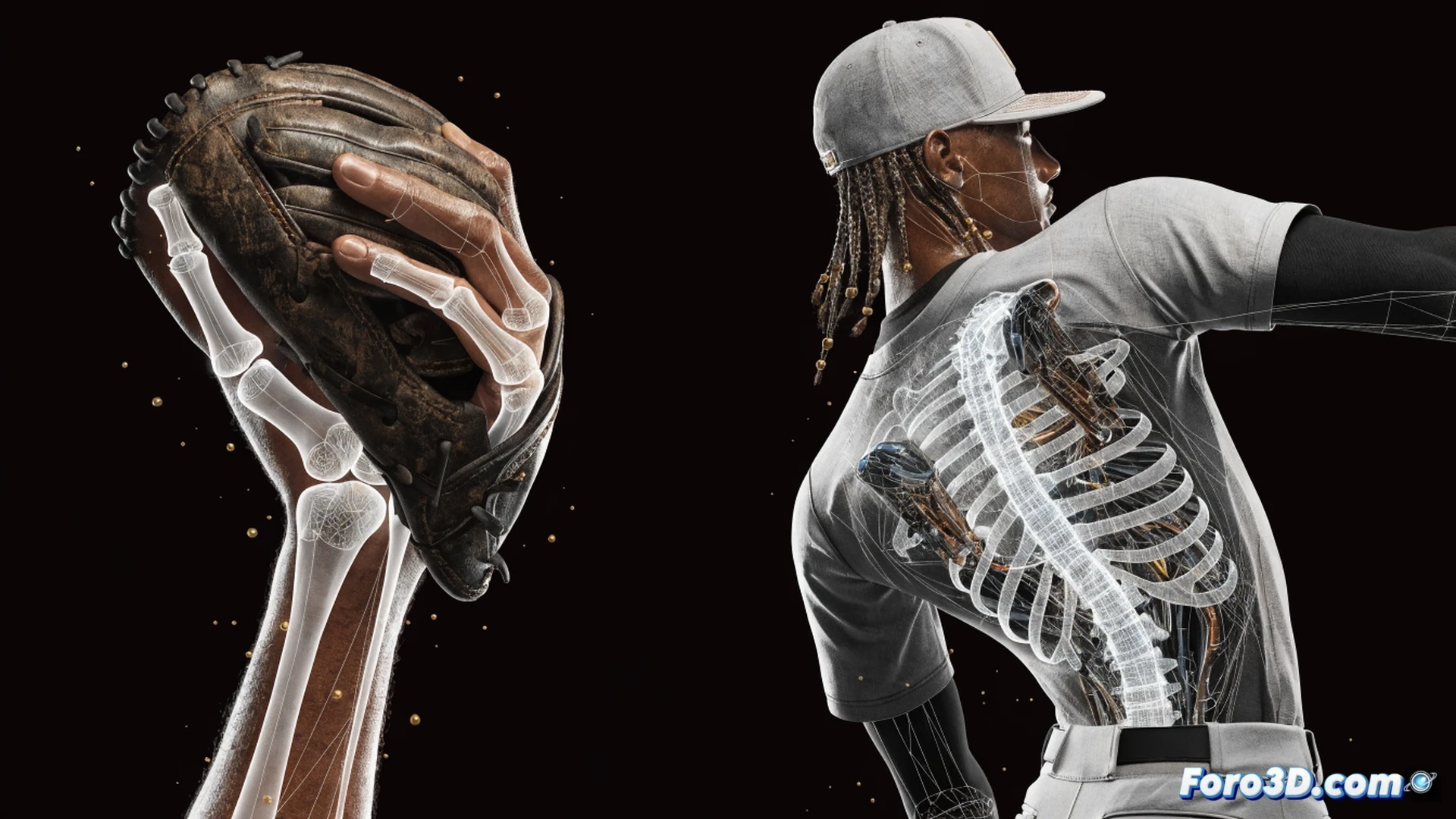 Biomechanical analysis of a cricket bowler in mid-delivery, 3D wireframe skeleton overlay showing wrist angle at 45 degrees and hip torsion, motion capture markers on joints, translucent muscle layers revealing internal torque, digital angular measurements floating near elbow, cinematic engineering visualization, dark studio background, dramatic side lighting highlighting tendons and bone structure, photorealistic medical render